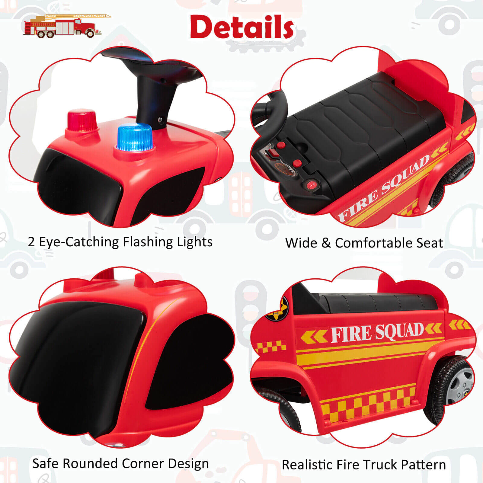 Hivvago Kids Push Ride On Fire Truck with Ladder Bubble Maker and Headlights