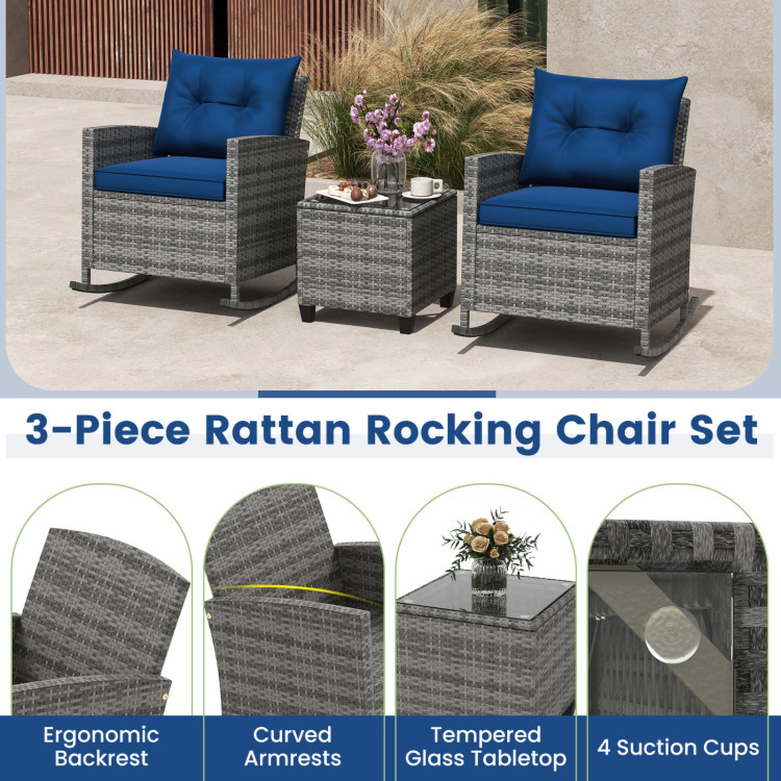 SUGIFT 3-Piece Mix Brown Outdoor Wicker Rocking Chair Set with Glass Table