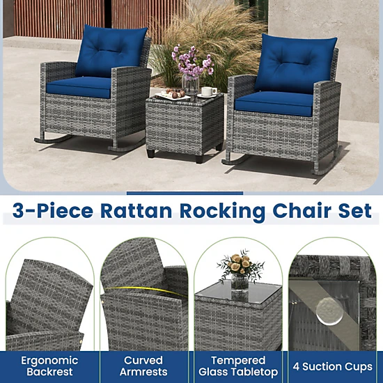 SUGIFT 3-Piece Mix Brown Outdoor Wicker Rocking Chair Set with Glass Table