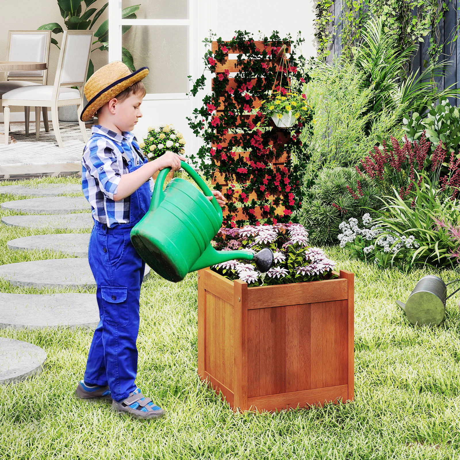 SUGIFT Solid Wood Raised Garden Bed with Trellis 48-in Tall Planter Box Natural