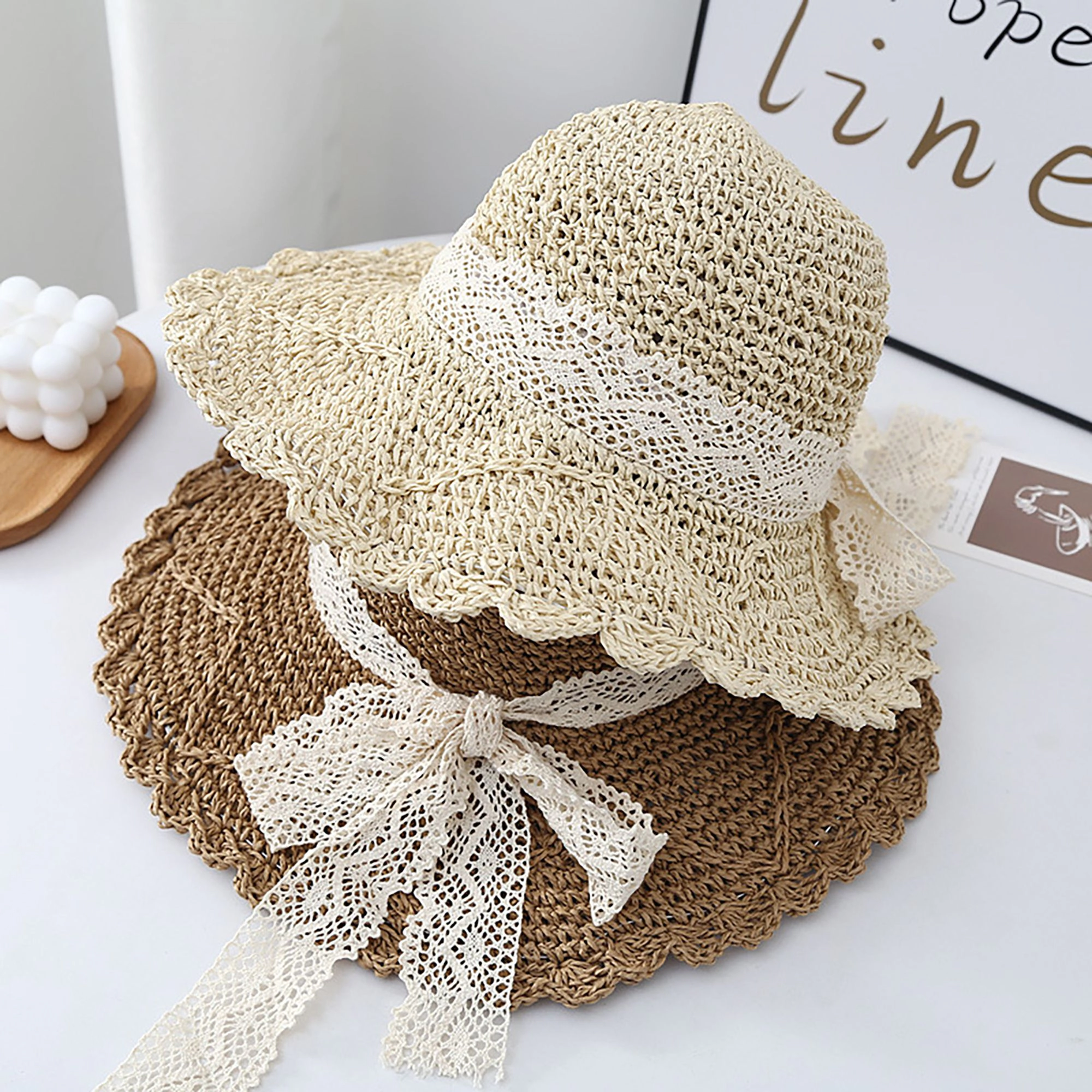 Anna-Kaci Womens Wide Brim Crochet Straw Sun Hat with Lace Bow Adjustable Fit