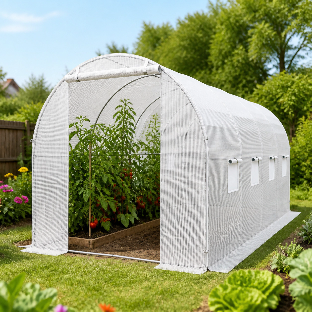 SUGIFT White 15-ft x 7-ft Walk-in Tunnel Greenhouse with Galvanized Steel PE Cover and 8 Mesh Windows