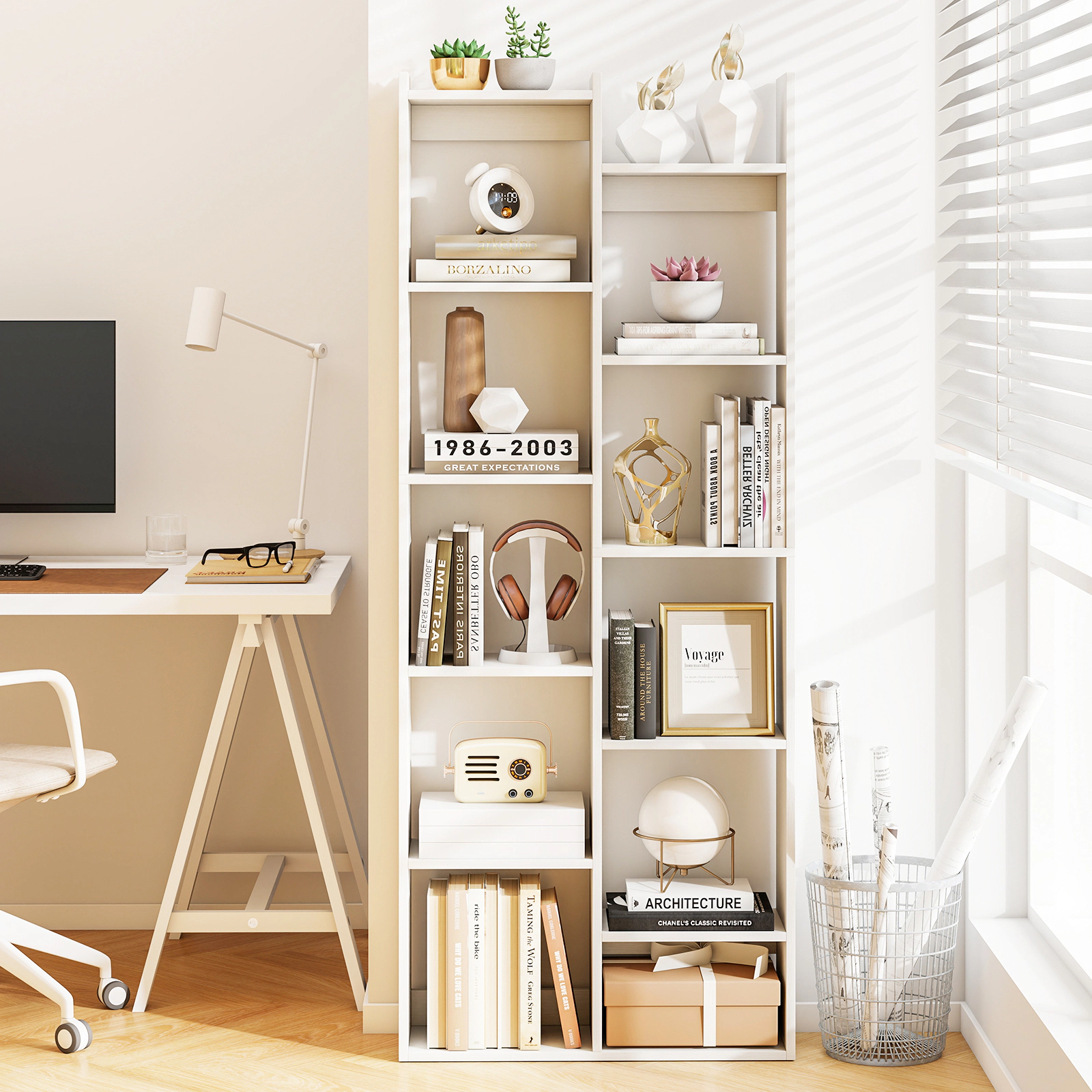 Costway 11-Tier Bookcase w/Anti-Tipping Kits Wood Display Shelf Tree-Shaped Bookshelf White