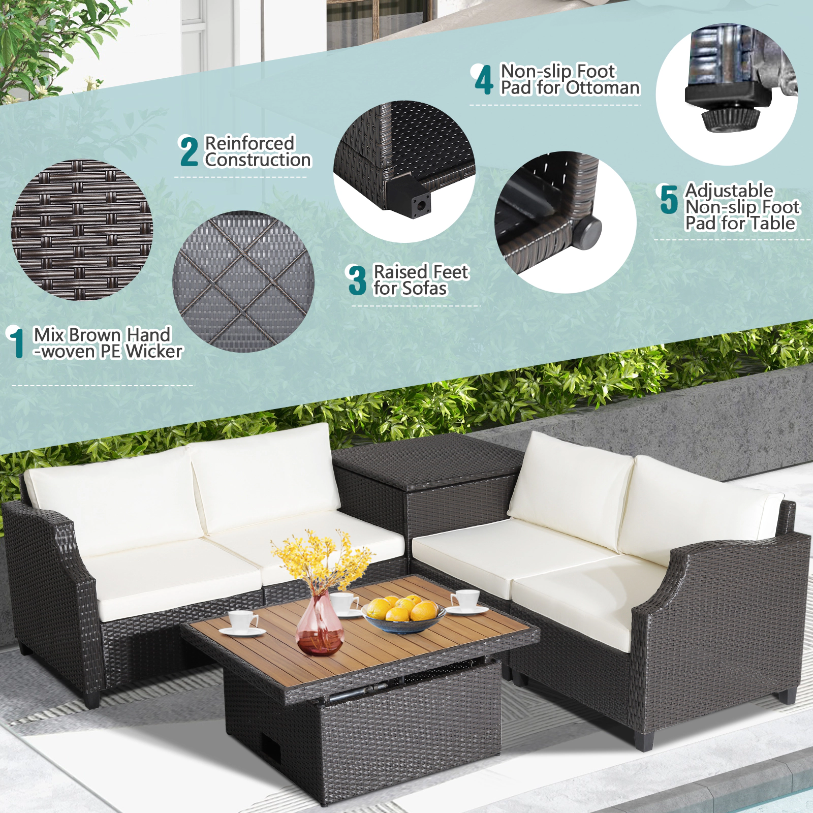 LJG 7 Pieces Hand-Woven Wicker Outdoor Furniture Set with Acacia Wood Coffee Table