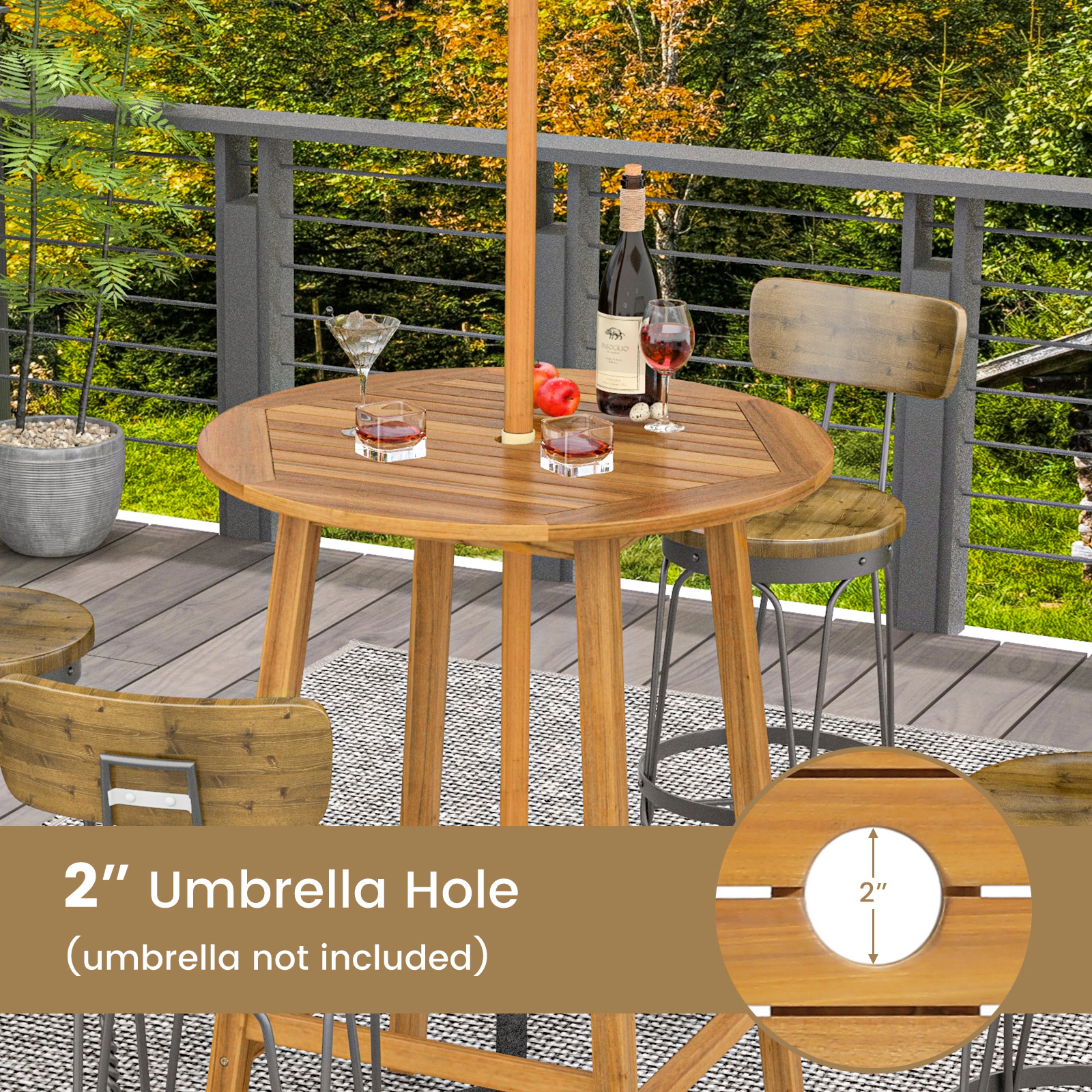 SUGIFT Acacia Wood Bar Height Outdoor Table 31.5-in Round Slatted Top 165-lb Capacity with 2-in Umbrella Hole Natural