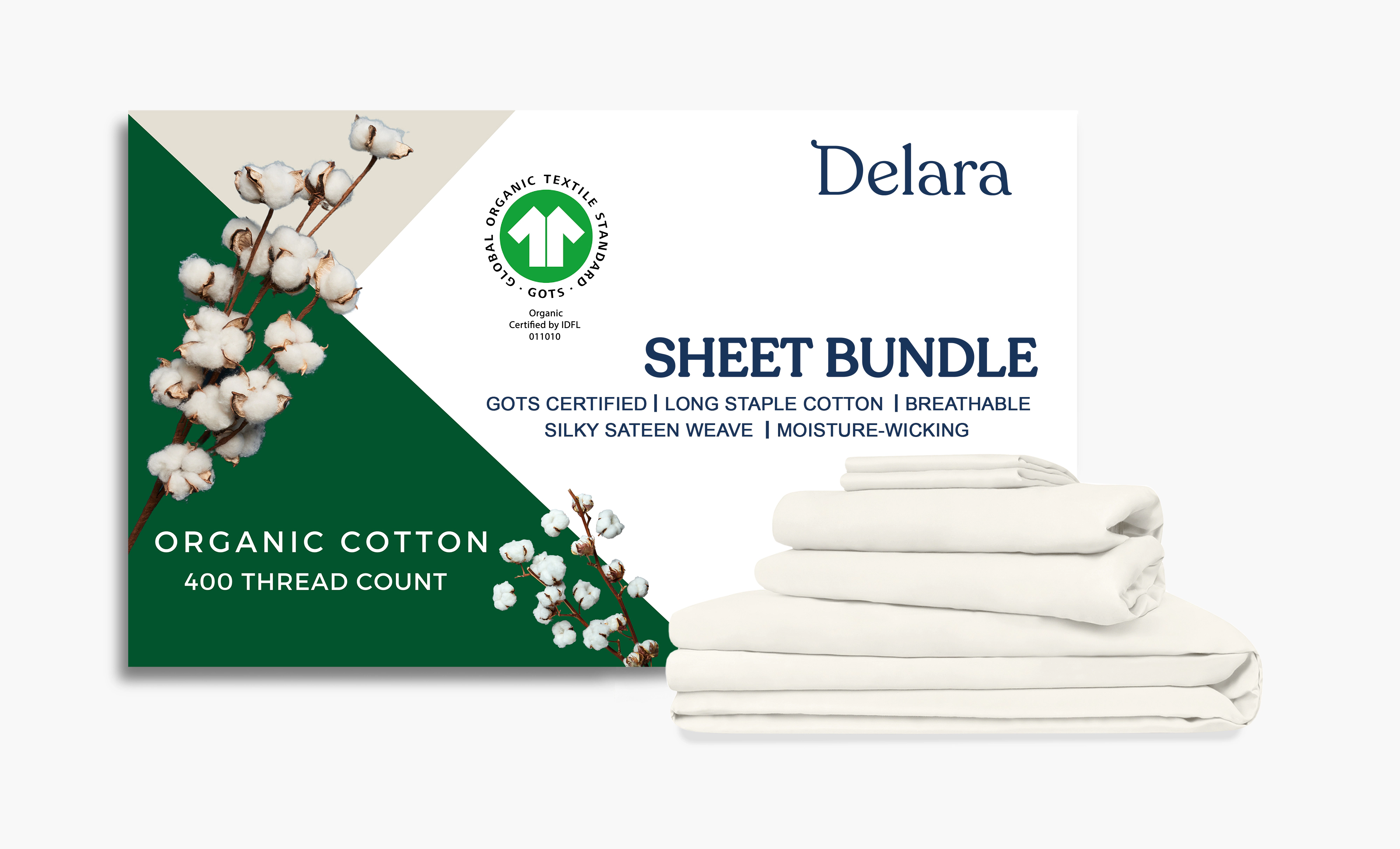 Delara GOTS Certified Organic Cotton Sheet Bundle 400TC Ultra Soft Silky Moisture-Wicking and Breathable