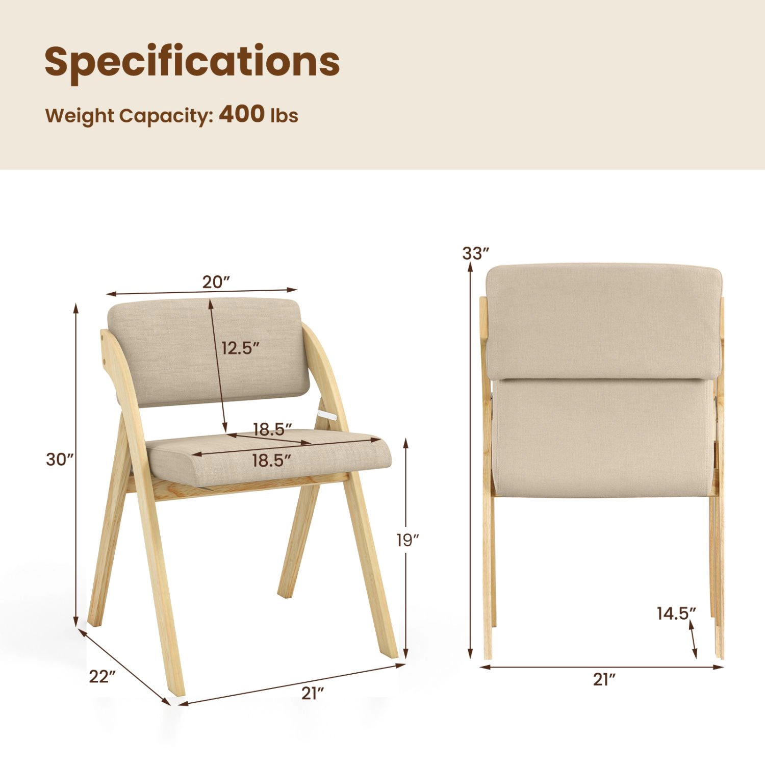 SlickBlue Unisex Set of 2 Folding Dining Chairs with Rubber Wood Legs