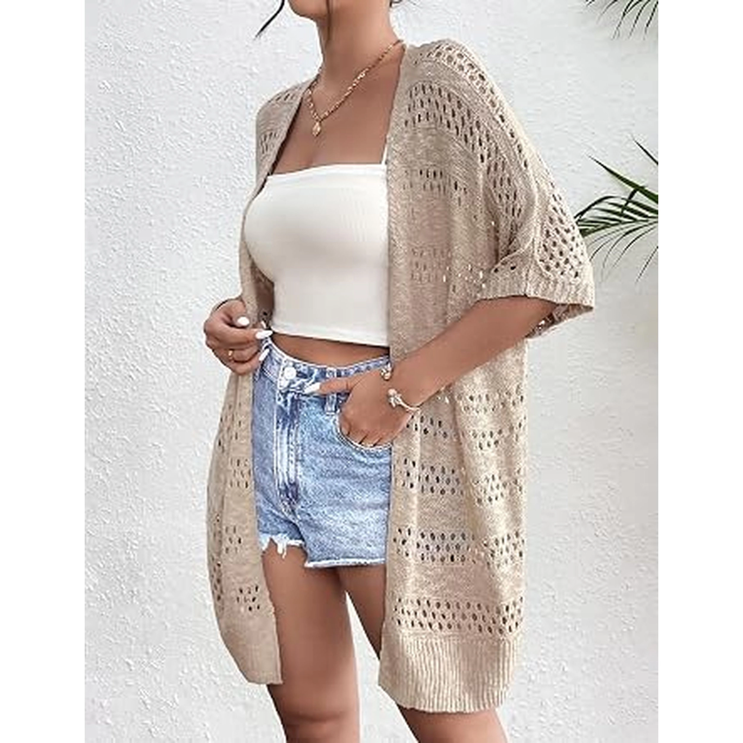 Zeagoo Women's Short Sleeve Open Front Crochet Knit Cardigan