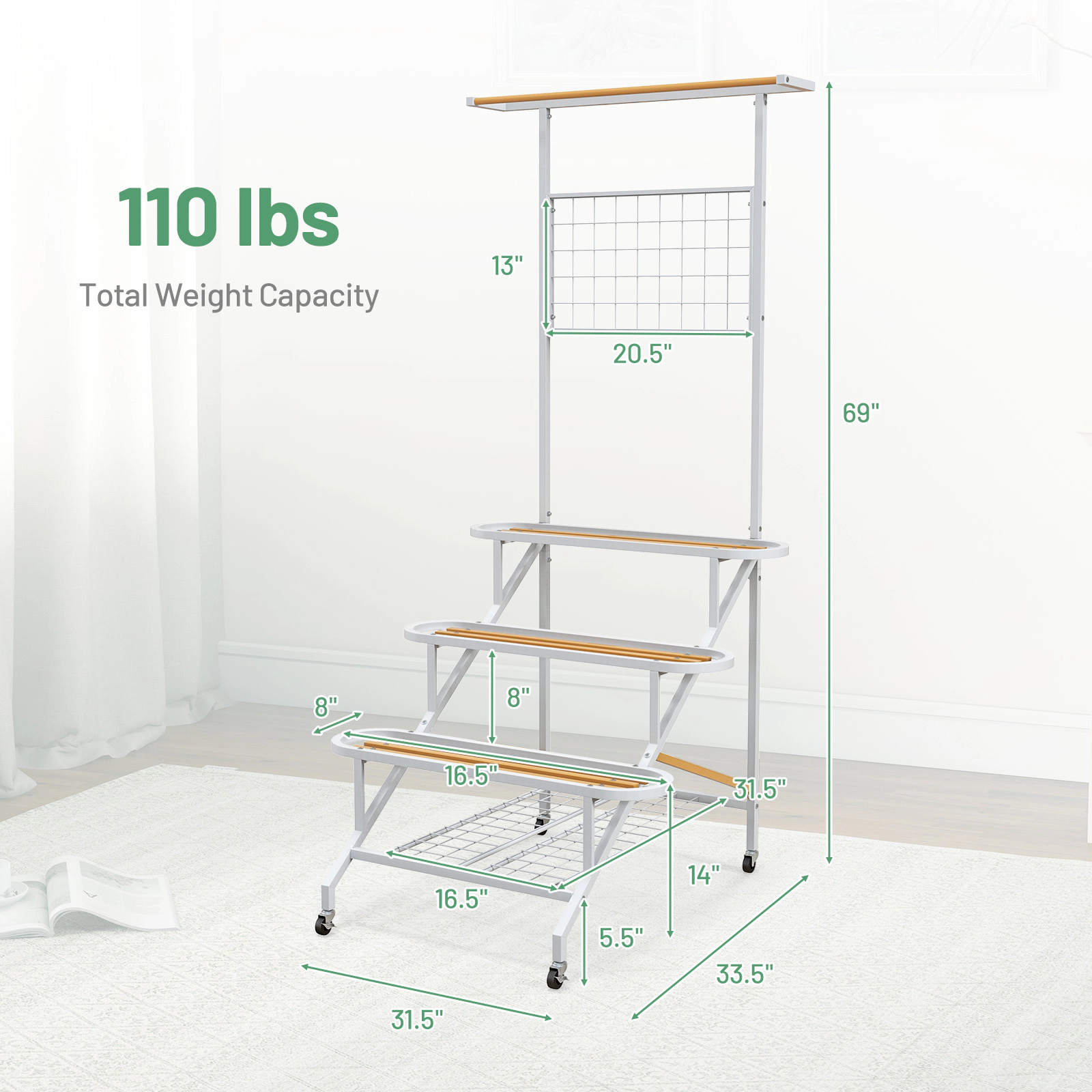 Slickblue Rolling 4 Tier Plant Stand Metal Flower Rack with Trellis Wheels Balcony Patio Organizer