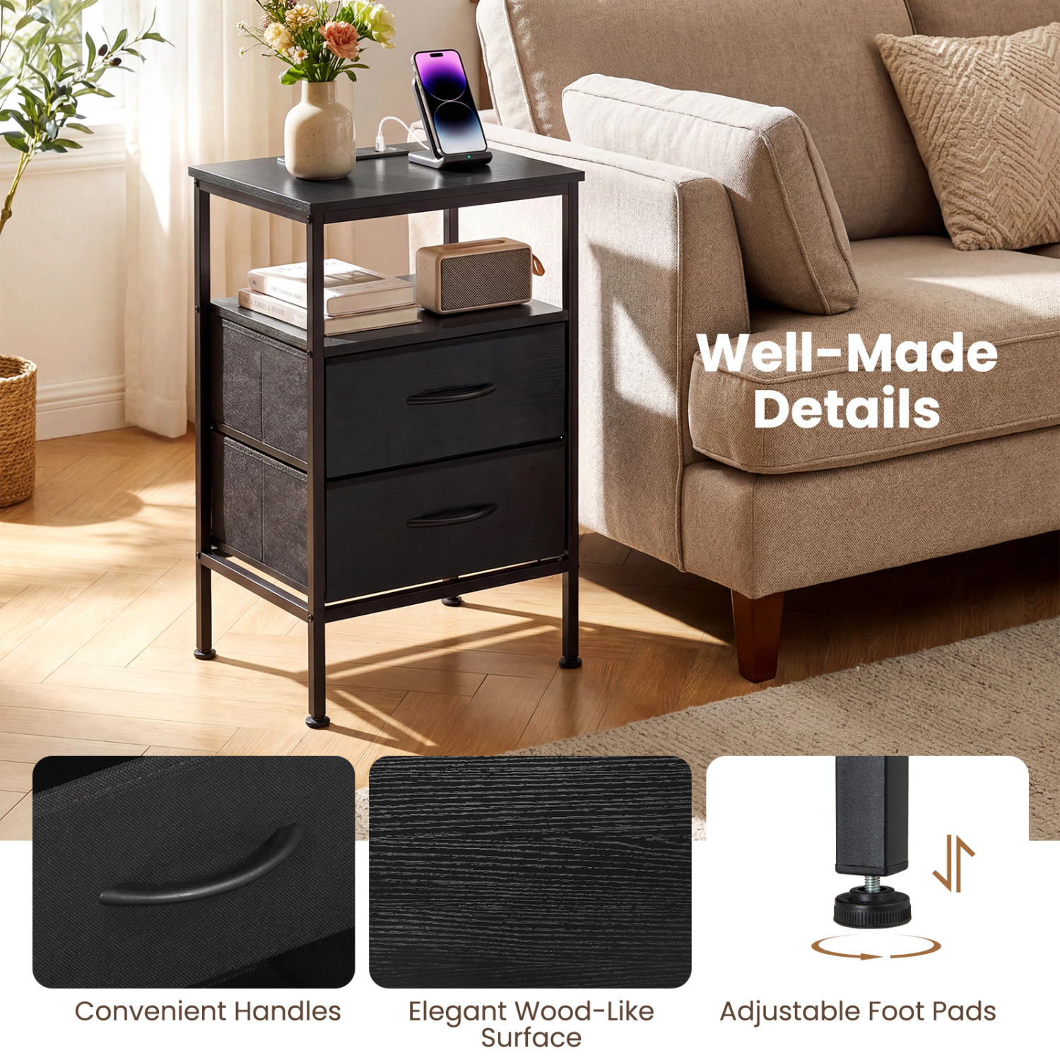 Glintex 24.5-Inch Nightstand with Charging Station and 2 Folding Fabric Drawers