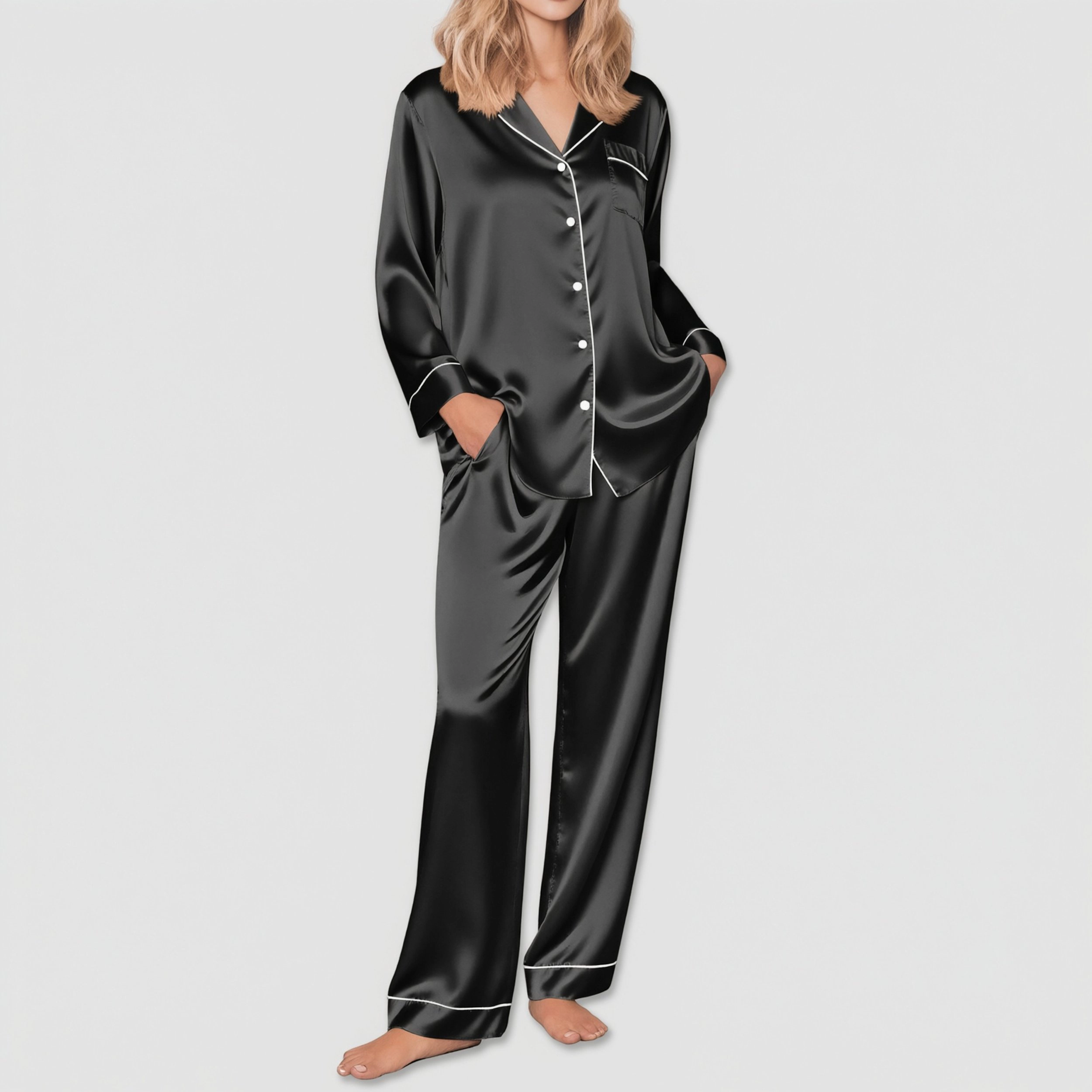 Ekouaer Silk Pajamas for Women Button Down Satin Pj Set Soft Long Sleeve 2 Pc Sleepwear Loungewear