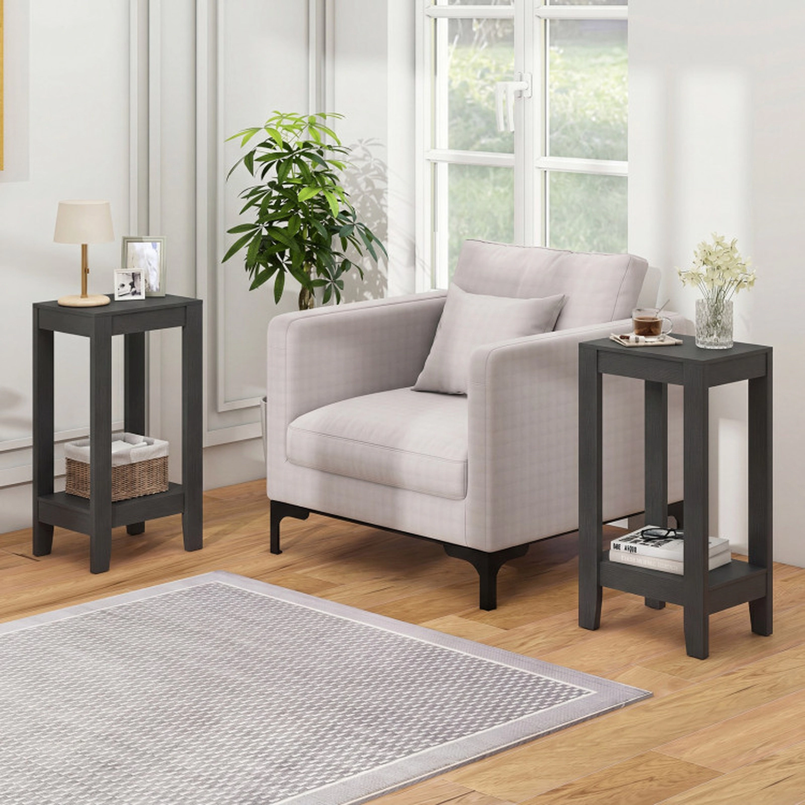 SUGIFT Set of 2 Black 2-Tier End Tables 16-in by 12-in Narrow Side Tables with Open Storage Shelf