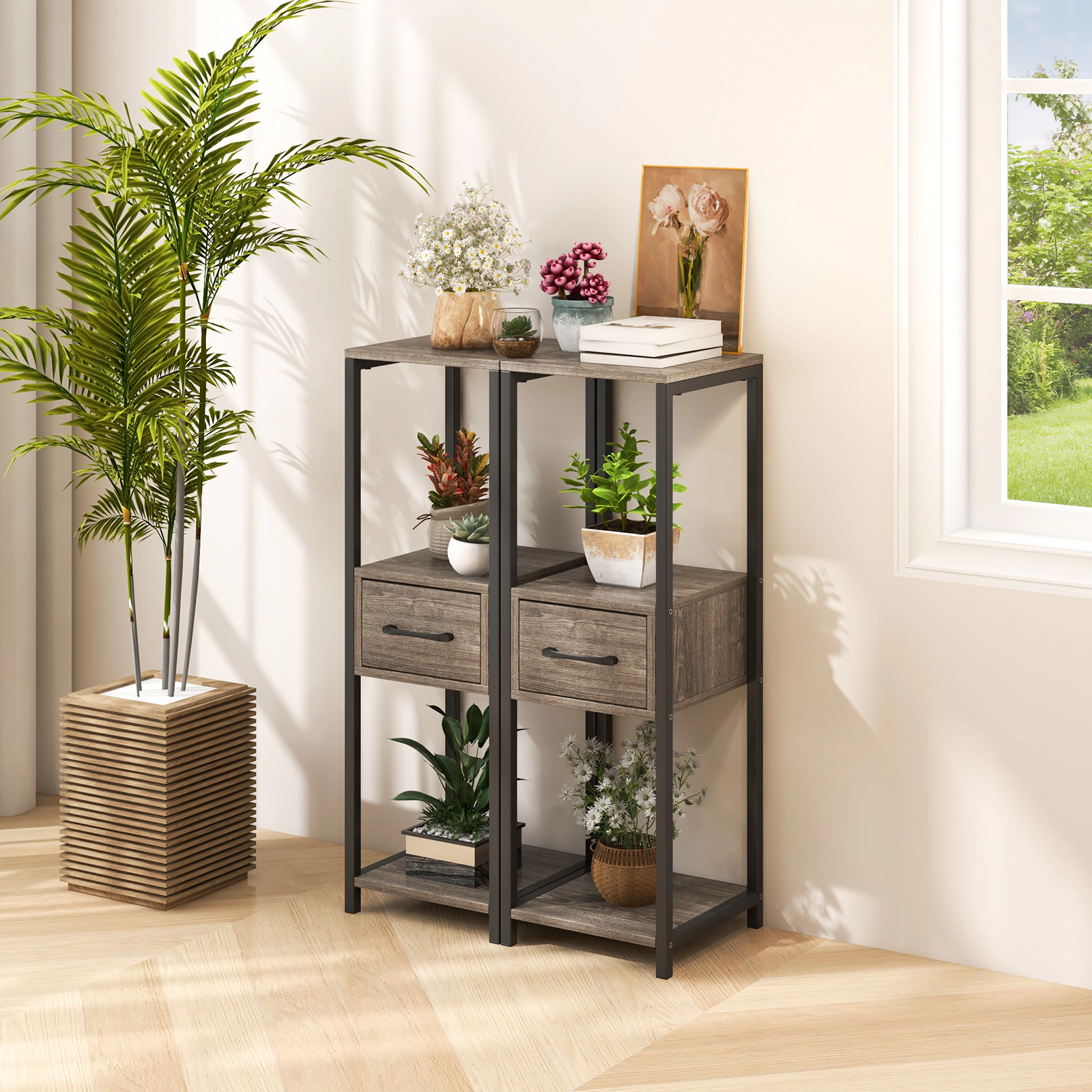 Slickblue 2 Pack Tall Metal Plant Stand with Drawer Indoor Outdoor Display Rack