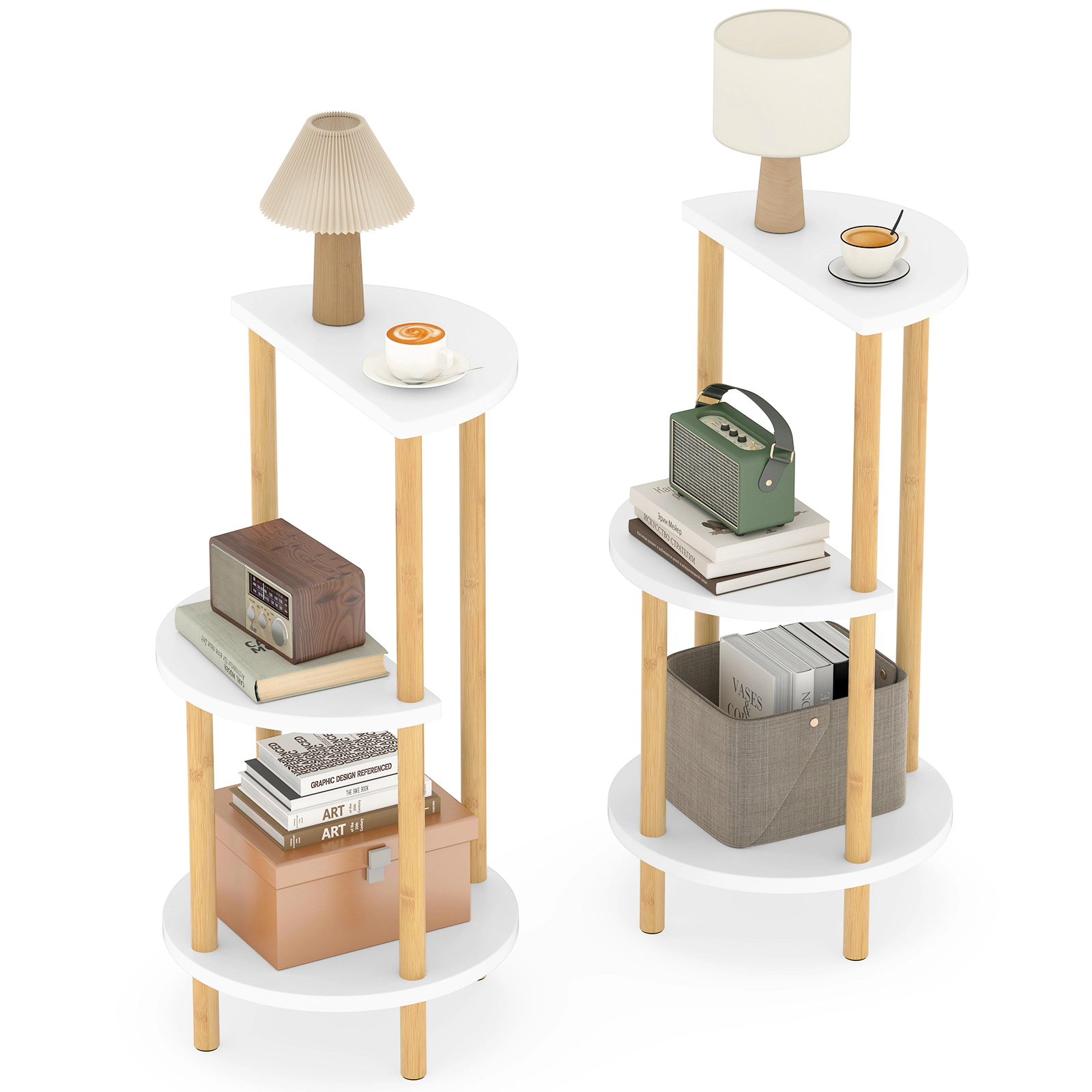 SUGIFT Set of 2 Round 3-Tier Bamboo Side Tables, 24 in H, Bedroom Storage Shelves