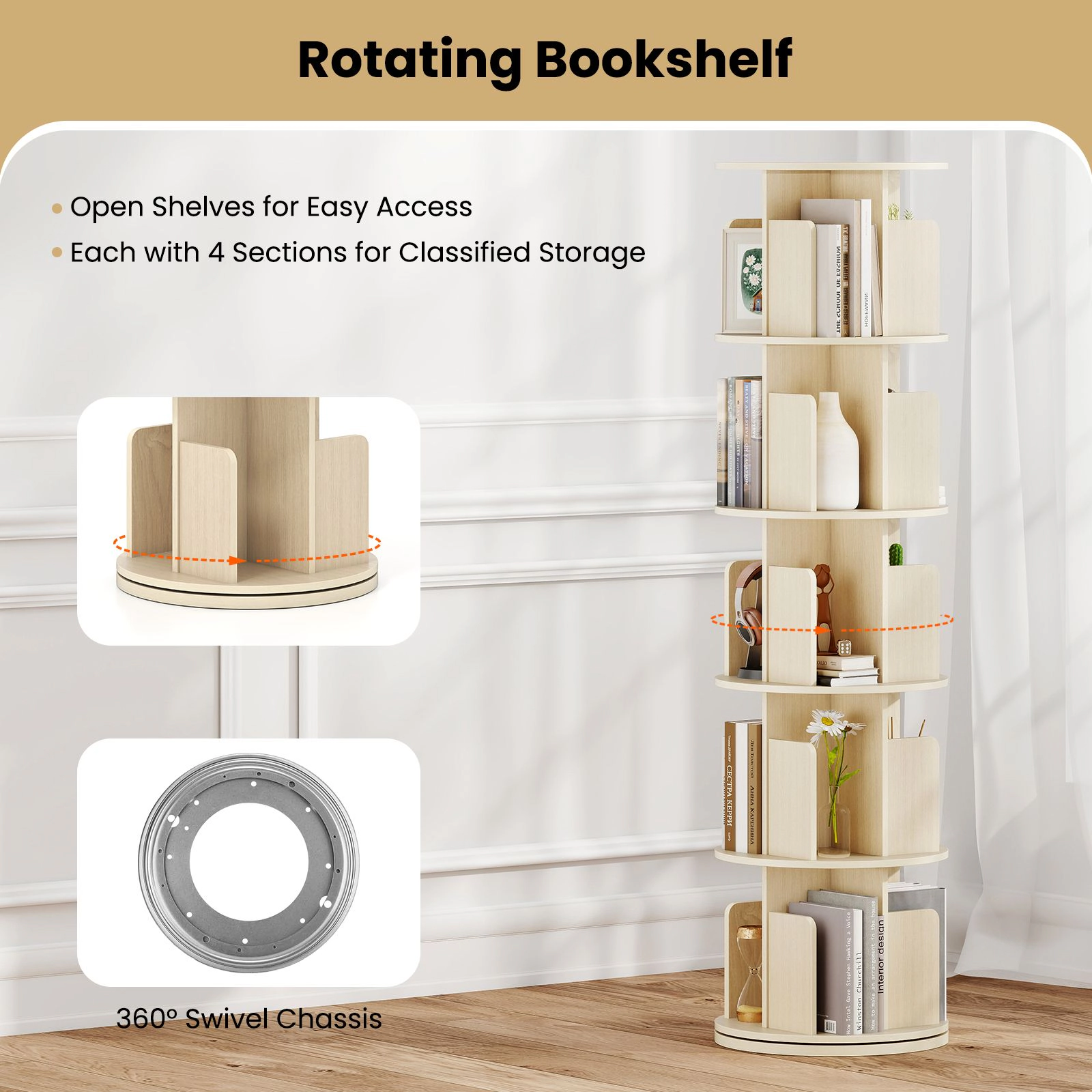 SlickBlue 4 Tier Swivel Bookcase Display Shelf for Living Room Bedroom Office