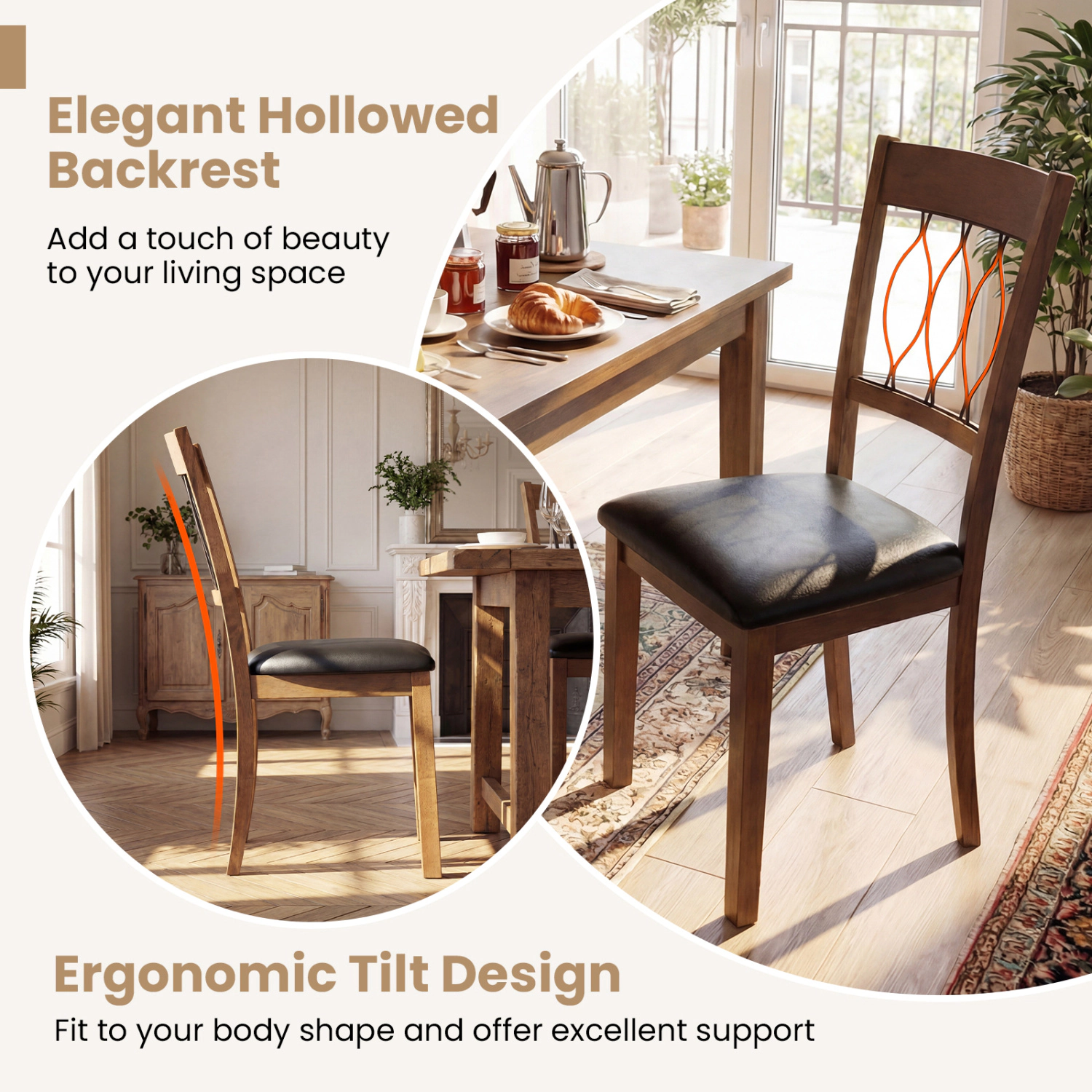 SUGIFT Walnut Faux Leather Upholstered Padded Seat Hollow Back Set of 2 Dining Chairs