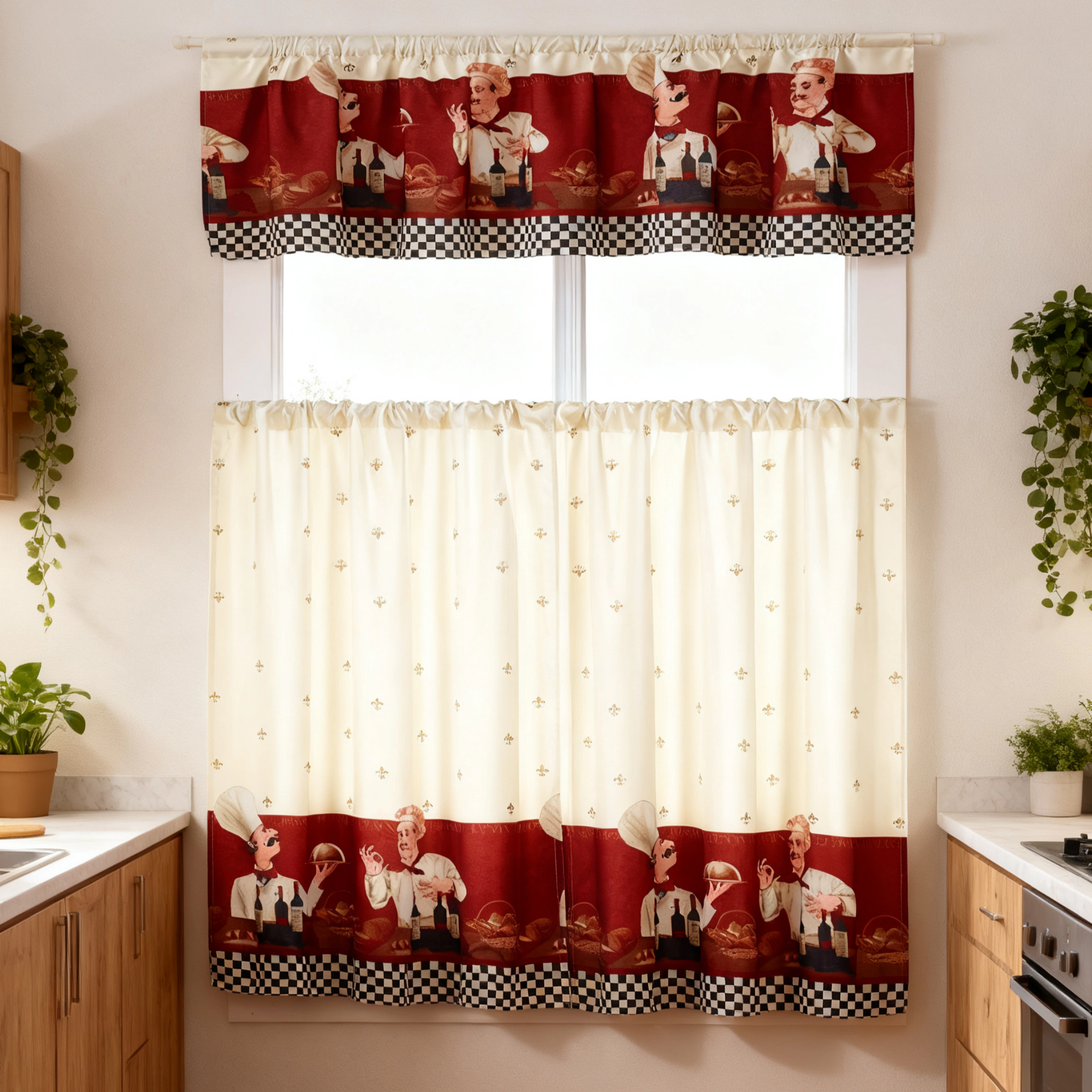 MarCielo 3 Piece Kitchen Curtain Set, Swag & Tier Rod Pocket