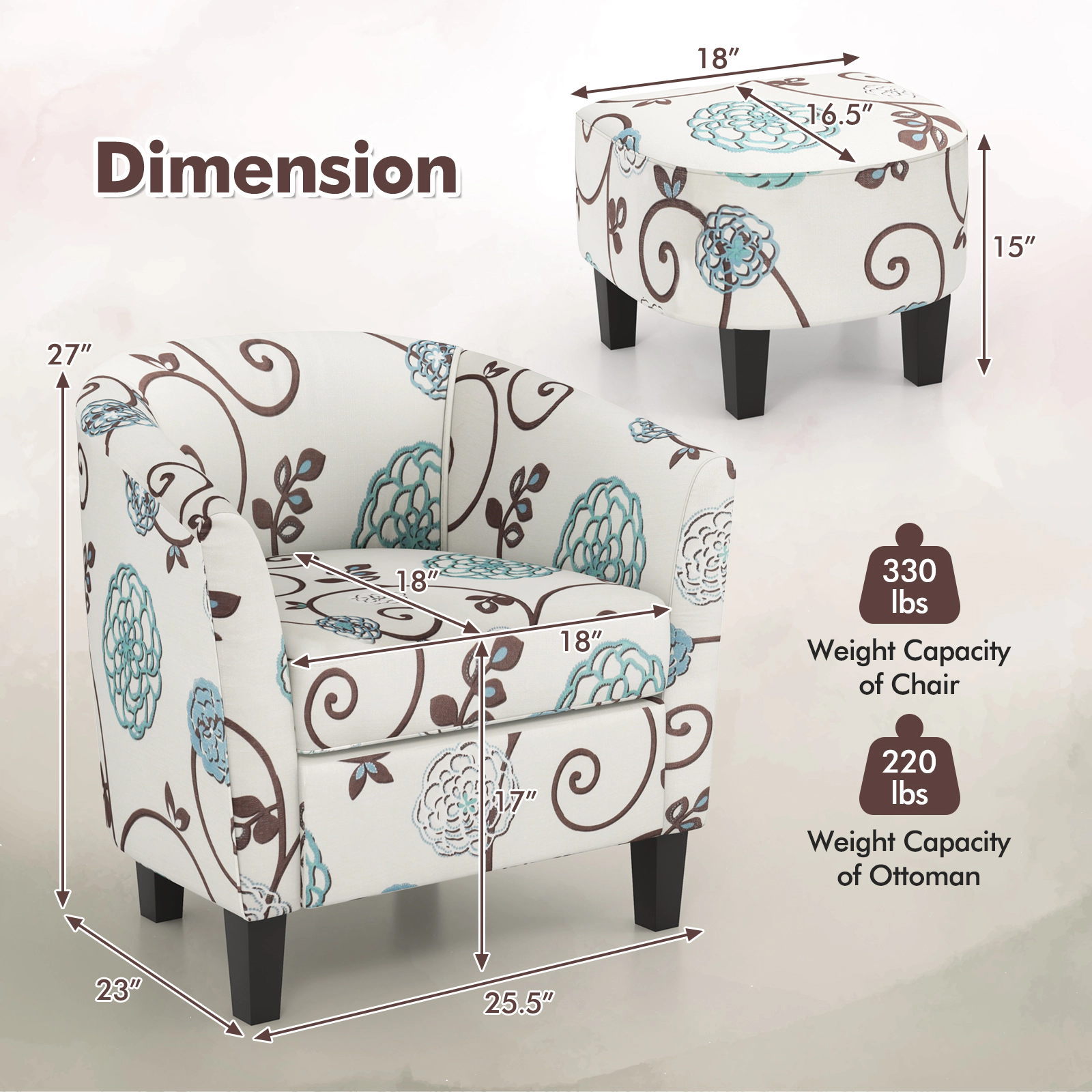 SUGIFT Beige Linen Barrel Accent Chair with Ottoman, U-Shaped Backrest, 17-In Seat, Pine Legs