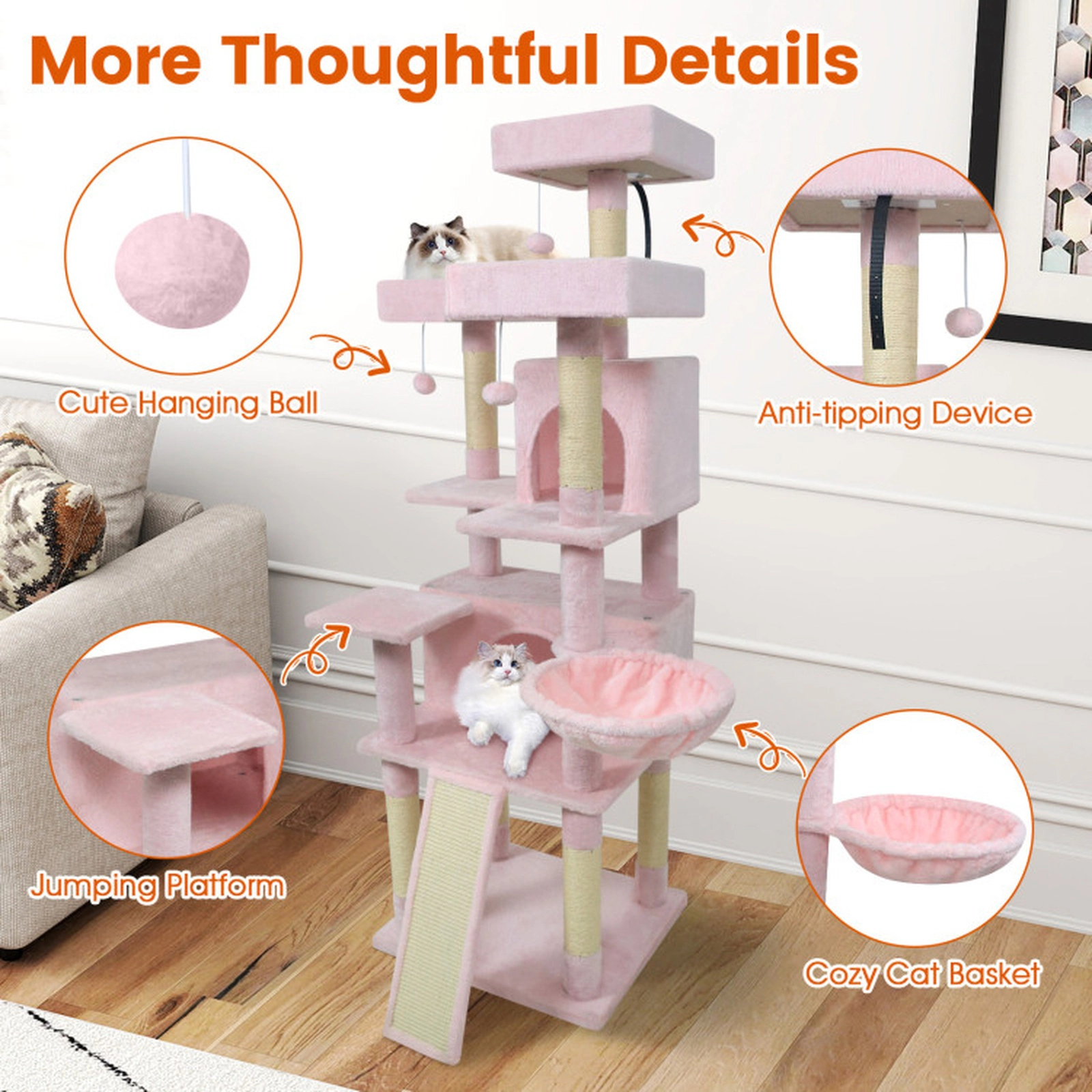 SUGIFT 65-in Tall Multi-level Cat Tree with 3 Upholstered Perches and 2 Cat Condos Pink