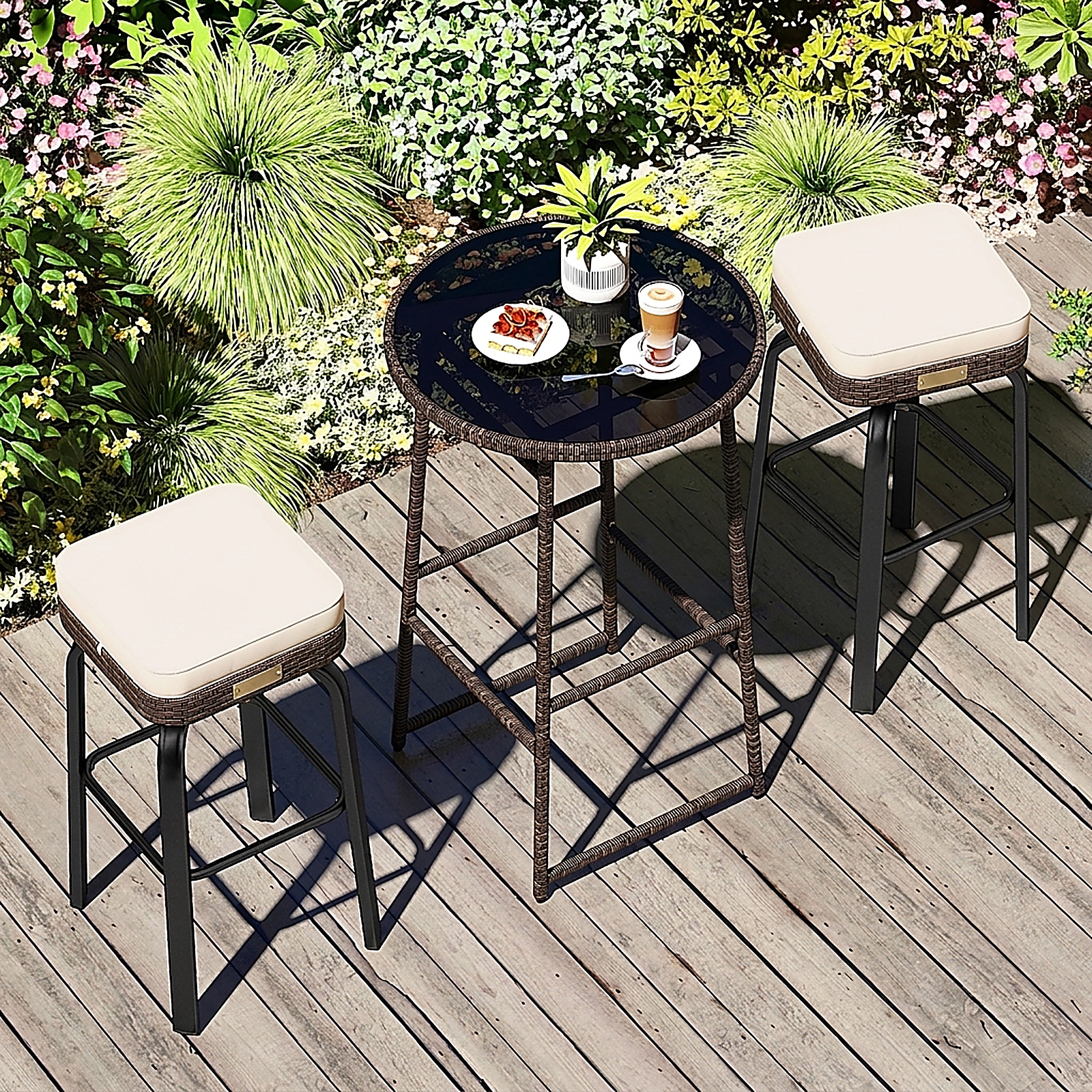 SUGIFT Outdoor Swivel Bar Set with Table and 400-lb Chairs Mix Brown Rattan with Off White Cushions