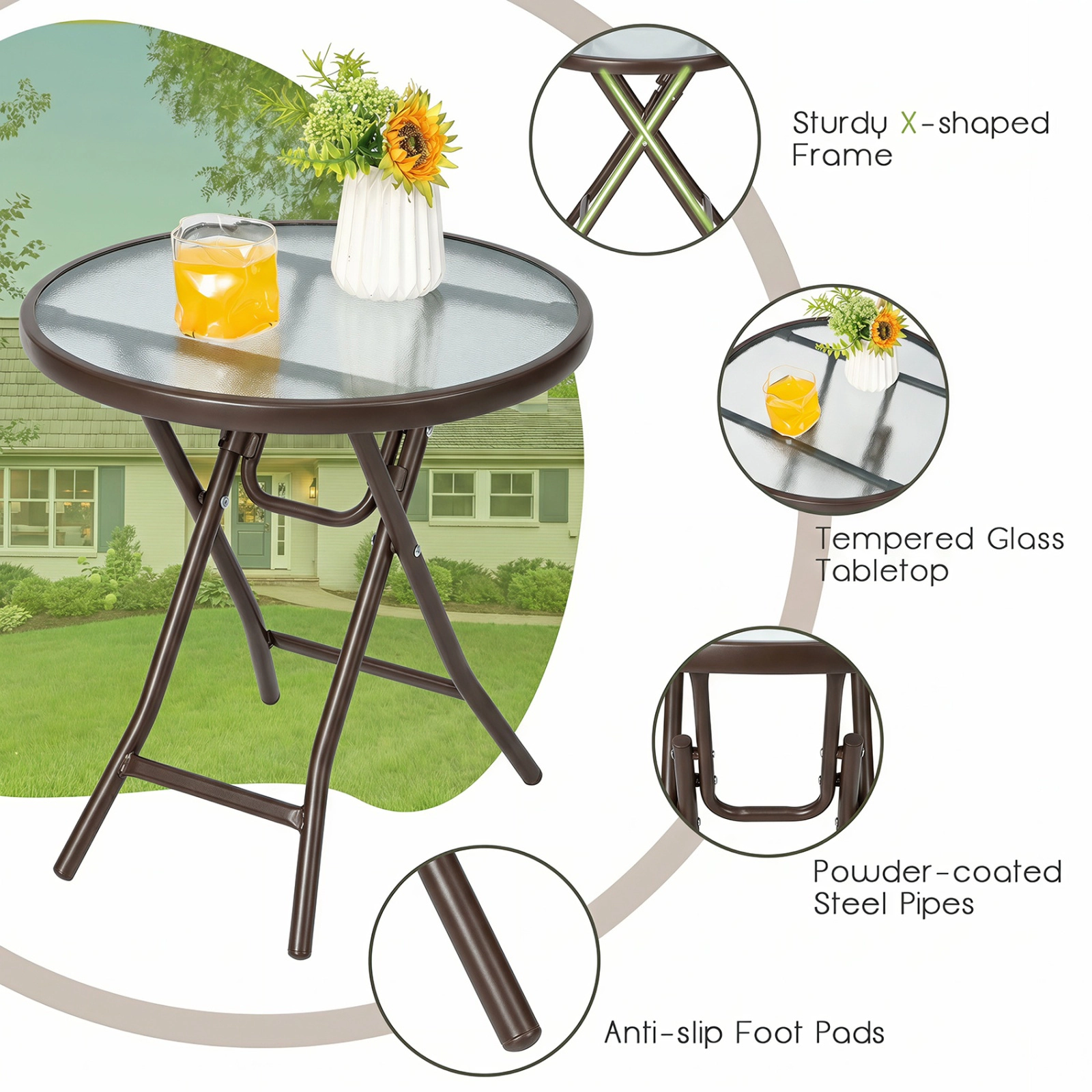SUGIFT Brown 18-in Round Folding Tempered Glass Outdoor Side Table, 110-lb Capacity
