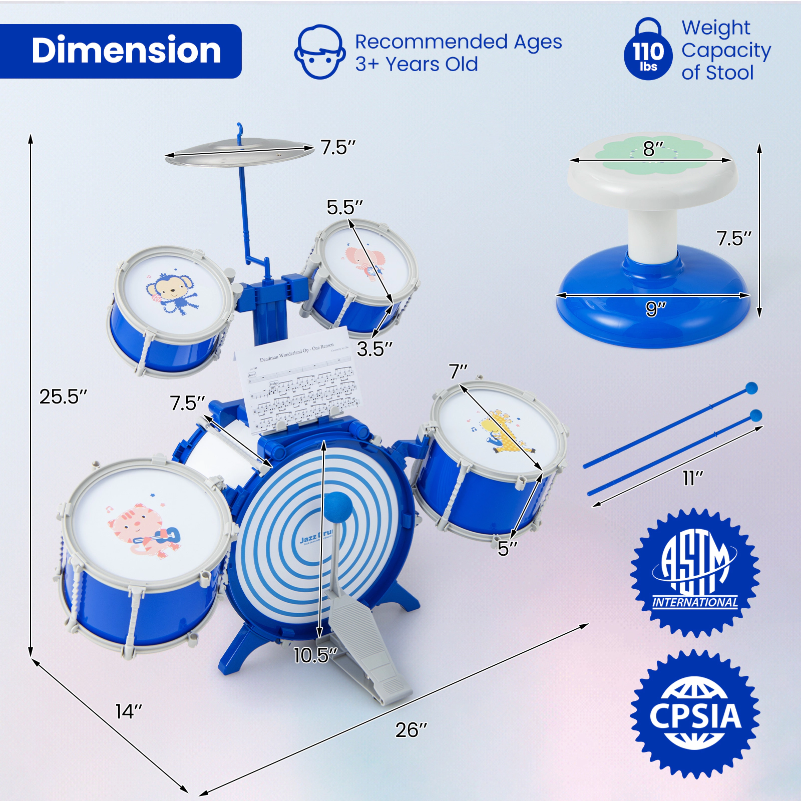 SUGIFT Blue 5-Drum and Cymbal Percussion Kids Drum Set with Stool Anti-Slip Foot Pedal and Drumstick Slots