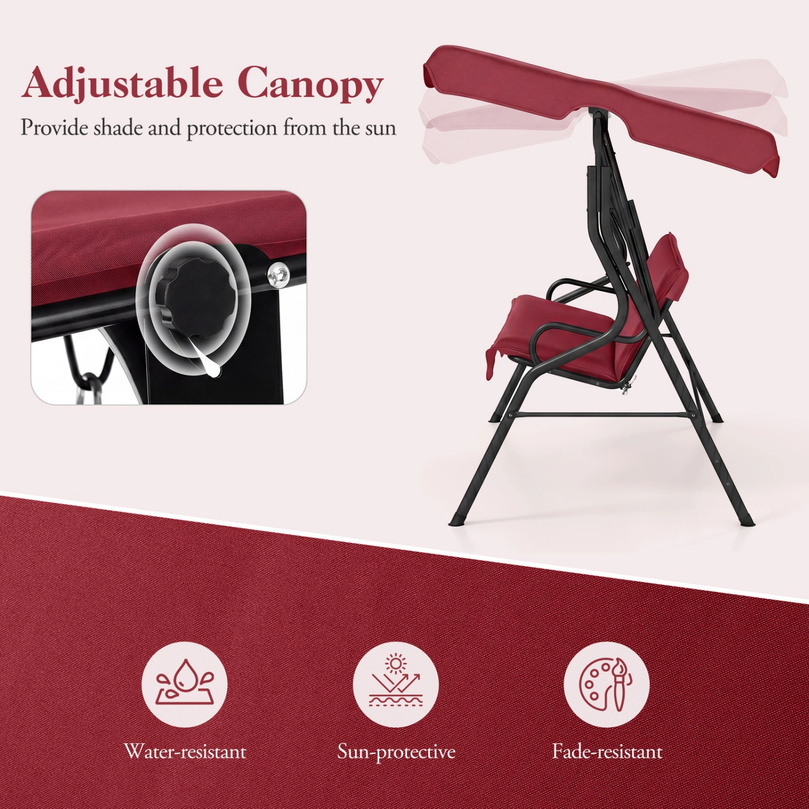 SUGIFT Red 3-Seat Outdoor Patio Swing with Canopy, Cushioned Bench and Steel Frame