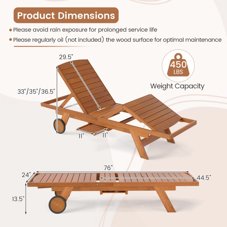 Hivvago Outdoor Chaise Lounge Chair With Wheels 4-Position Patio Wood Recliner With Adjustable Backrest