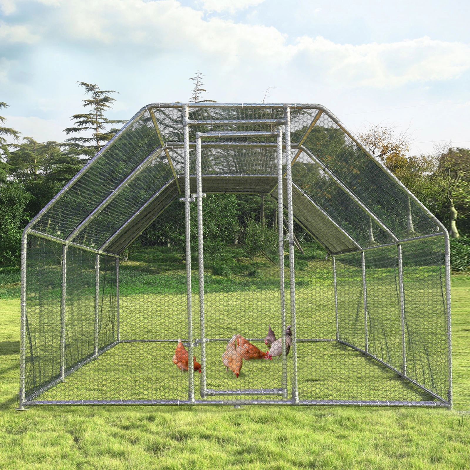 SUGIFT Silver Large Walk-In Chicken Coop Pet House with Galvanized Steel Frame 9.5-ft W 19-ft D 6-ft H