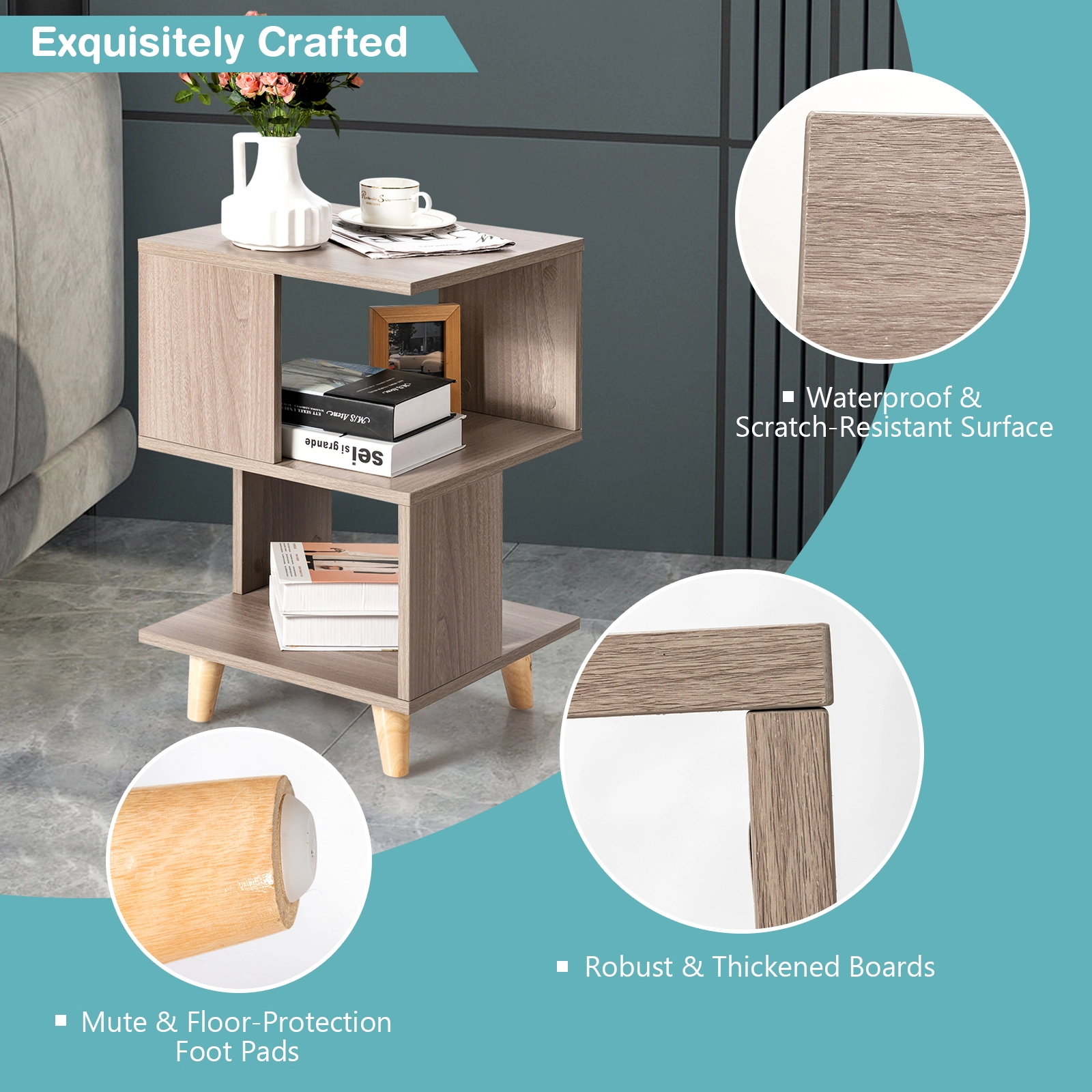 Glintex 2-Piece Asymmetrical Nightstand Set with Thickened Board and Support Legs, Gray