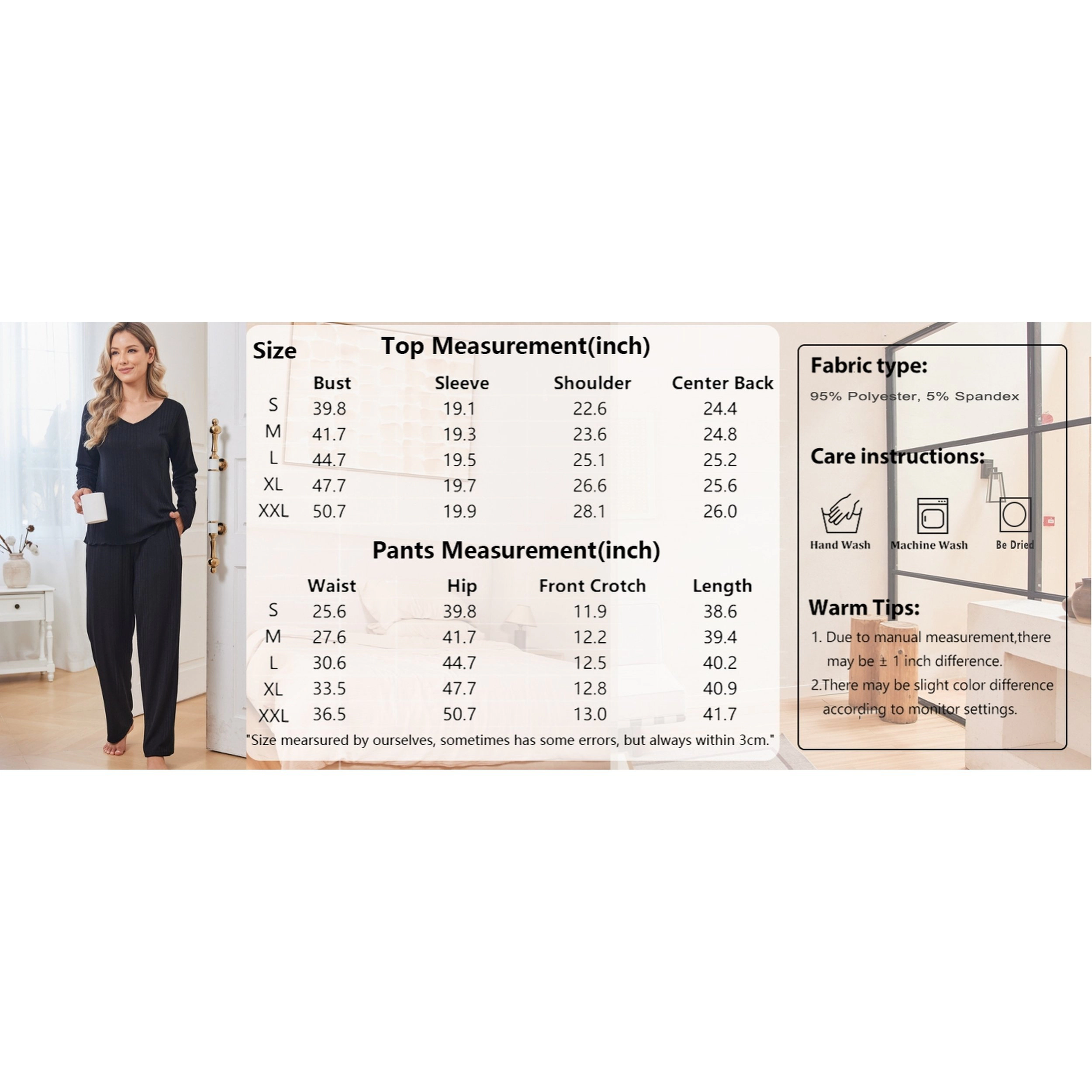 Ekouaer Women's V Neck Long Sleeve Ribbed 2 Piece Pajama Sets