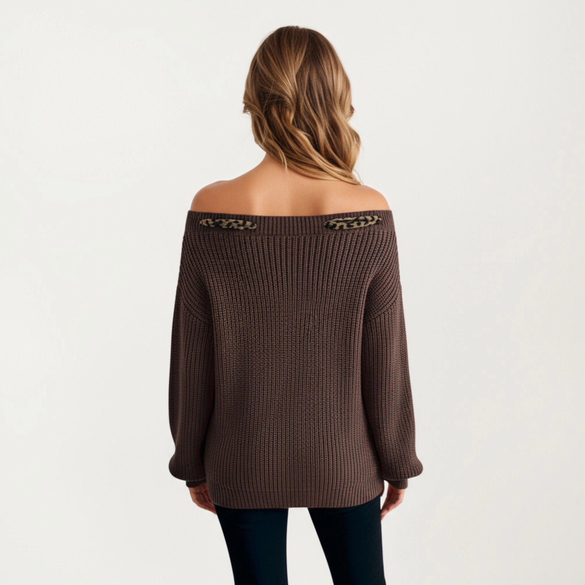 Anna-Kaci Women's Off-Shoulder Knit Sweater with Leopard Print Bow Detail