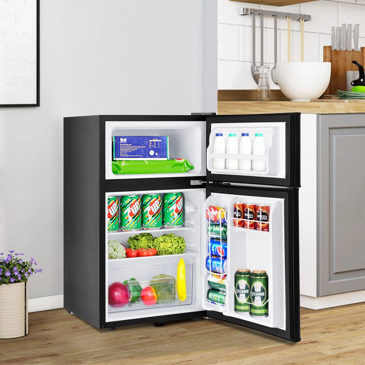 SlickBlue Compact Mini Refrigerator with Freezer, Glass Shelves and Crisper