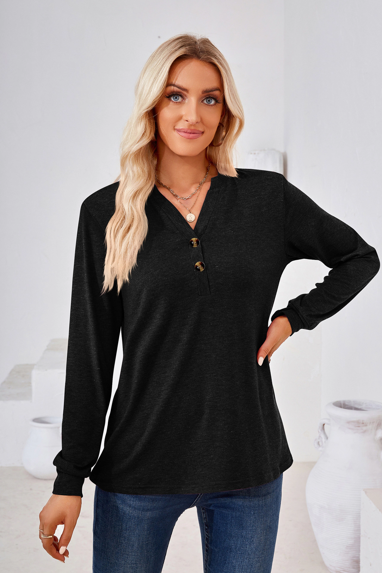 Enchanted Funland Womens Henley V‑Neck Long Sleeve Button Loose Casual Tops