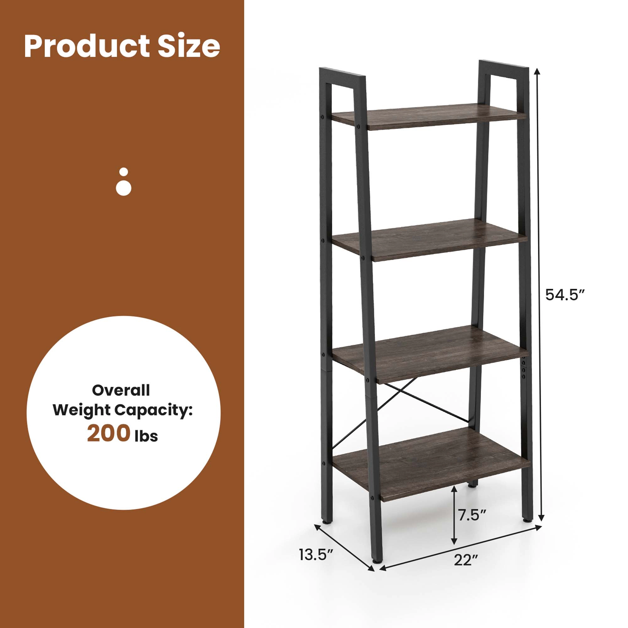 Costway 4-Tier Wood Ladder Shelf Bookcase Bookshelf Display Rack Dark Grey