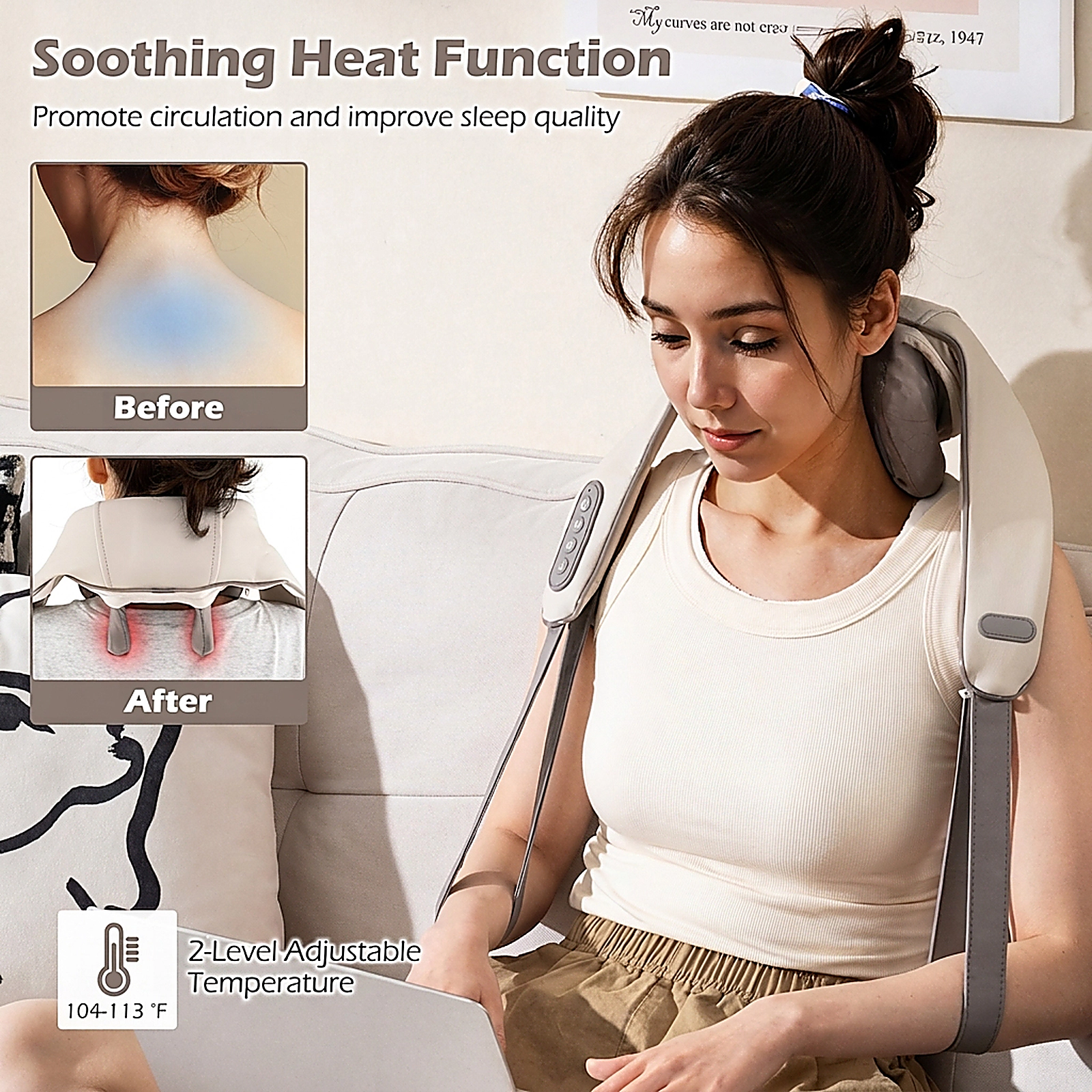 SUGIFT 4D Deep Tissue Kneading Shiatsu Neck Massager with Heat 6 Massage Points and 2 Intensity Levels