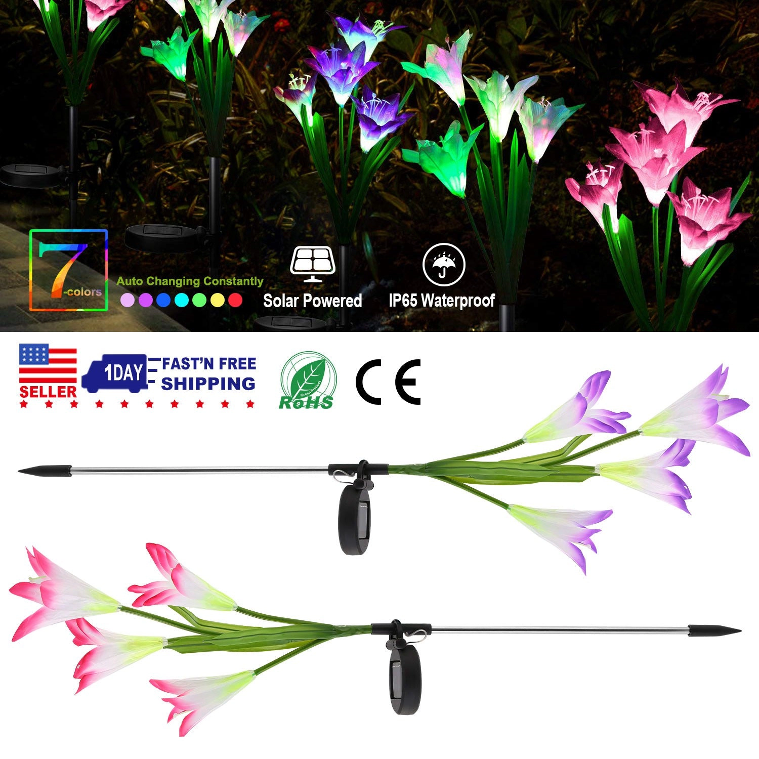 GBruno 2-Pc Solar Lily Flower Garden Stake Lights