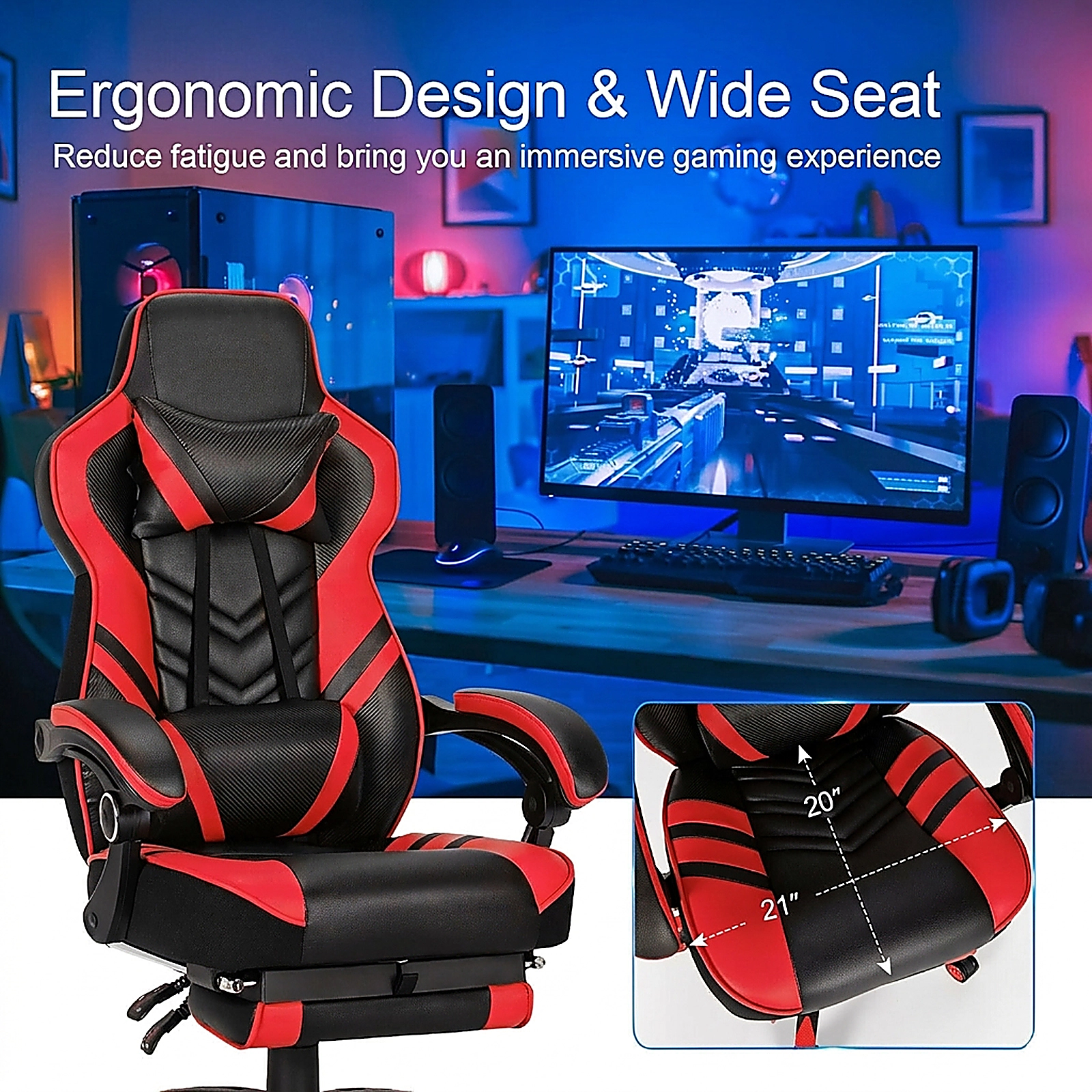 SUGIFT Adjustable Reclining Gaming Chair with Footrest 330-Lb Capacity 27-in Wide Seat 17-20-in Seat Height -49 in Red