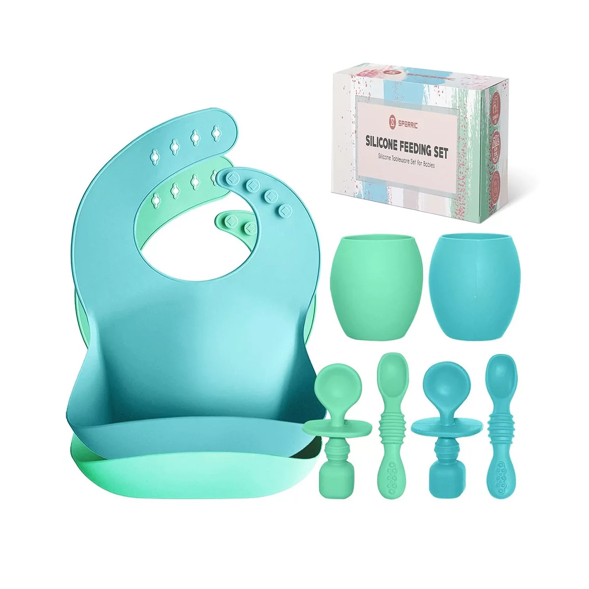 Sperric Baby Silicone Feeding Set 8-Piece - Led Weaning Utensils, Bibs, Infant Cups Toddlers