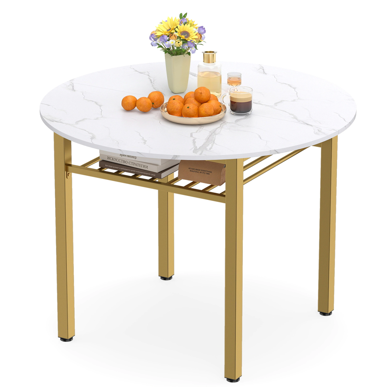 SUGIFT 40-in Round Kitchen Table with 8-in Storage Shelf and Metal Frame 250-lb Capacity 30-in Tall White + Gold