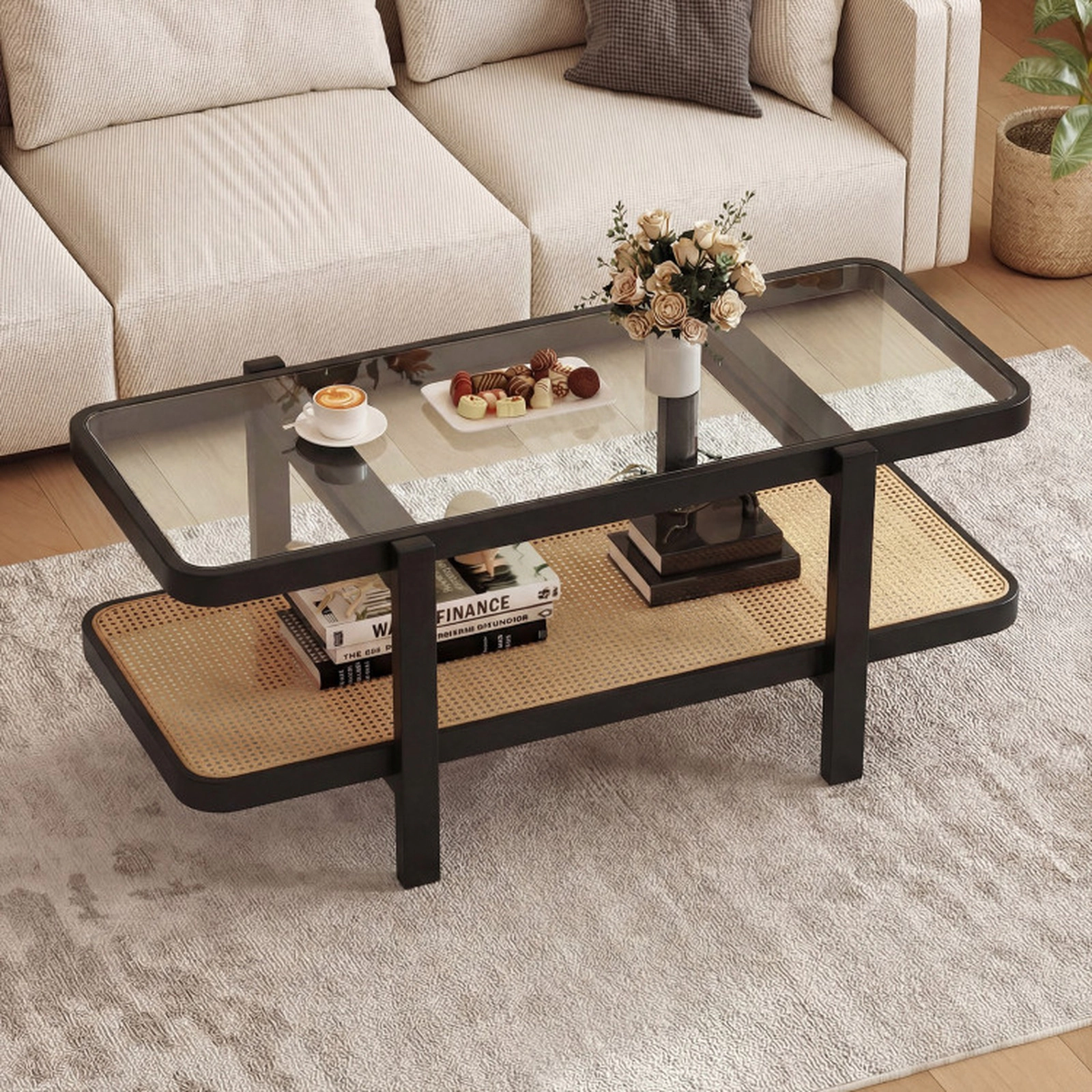 SUGIFT 47.5-in 2-Tier 180-lb Capacity Acacia Wood Coffee Table with Tempered Glass Top and PE Rattan Shelf