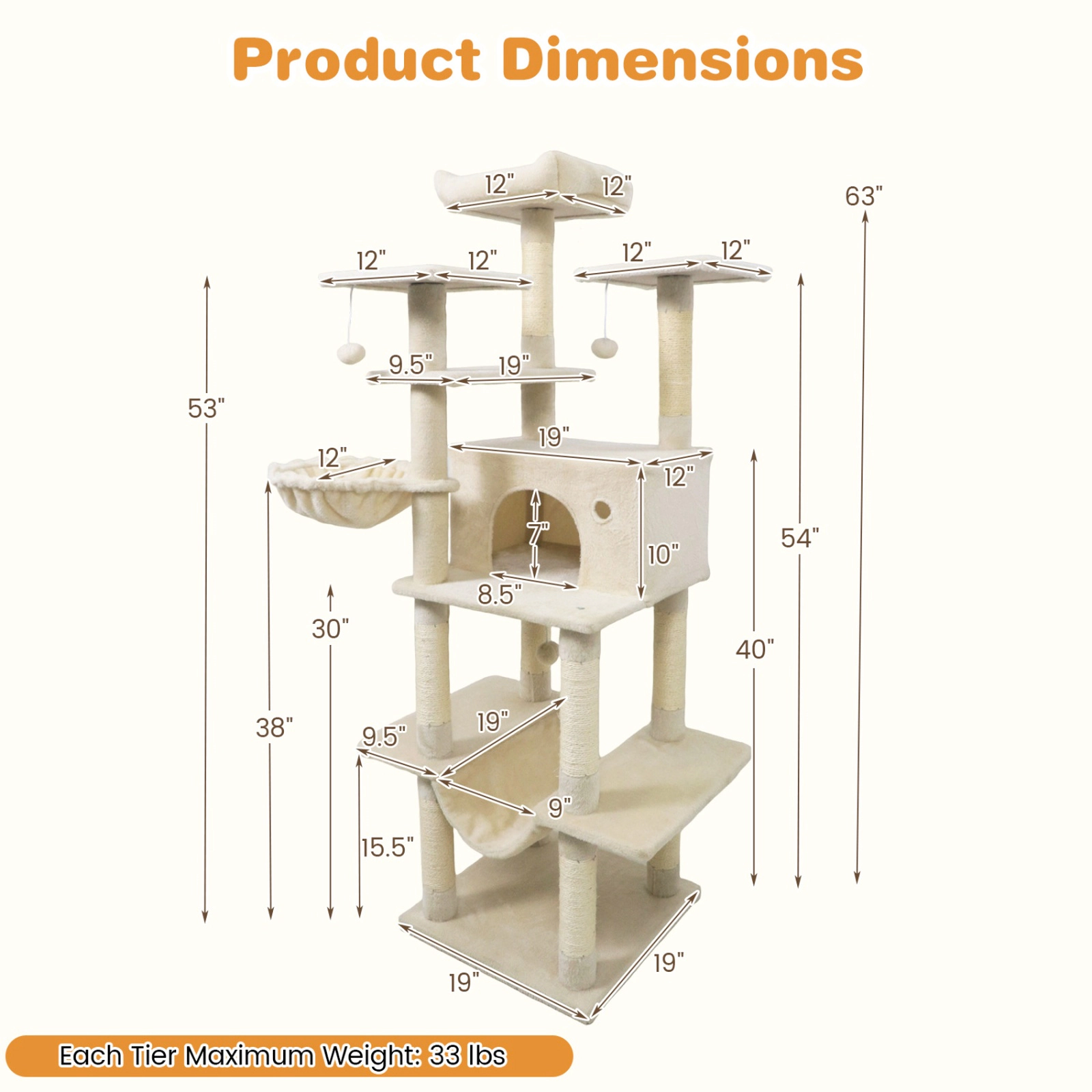 SUGIFT Beige 63 in Large Cat Tower with Thick Padded Perch and Spacious Condo