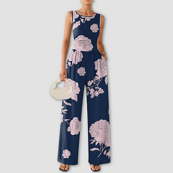 Ekouaer Women's Sleeveless Floral Print High Waist Wide Leg Jumpsuit