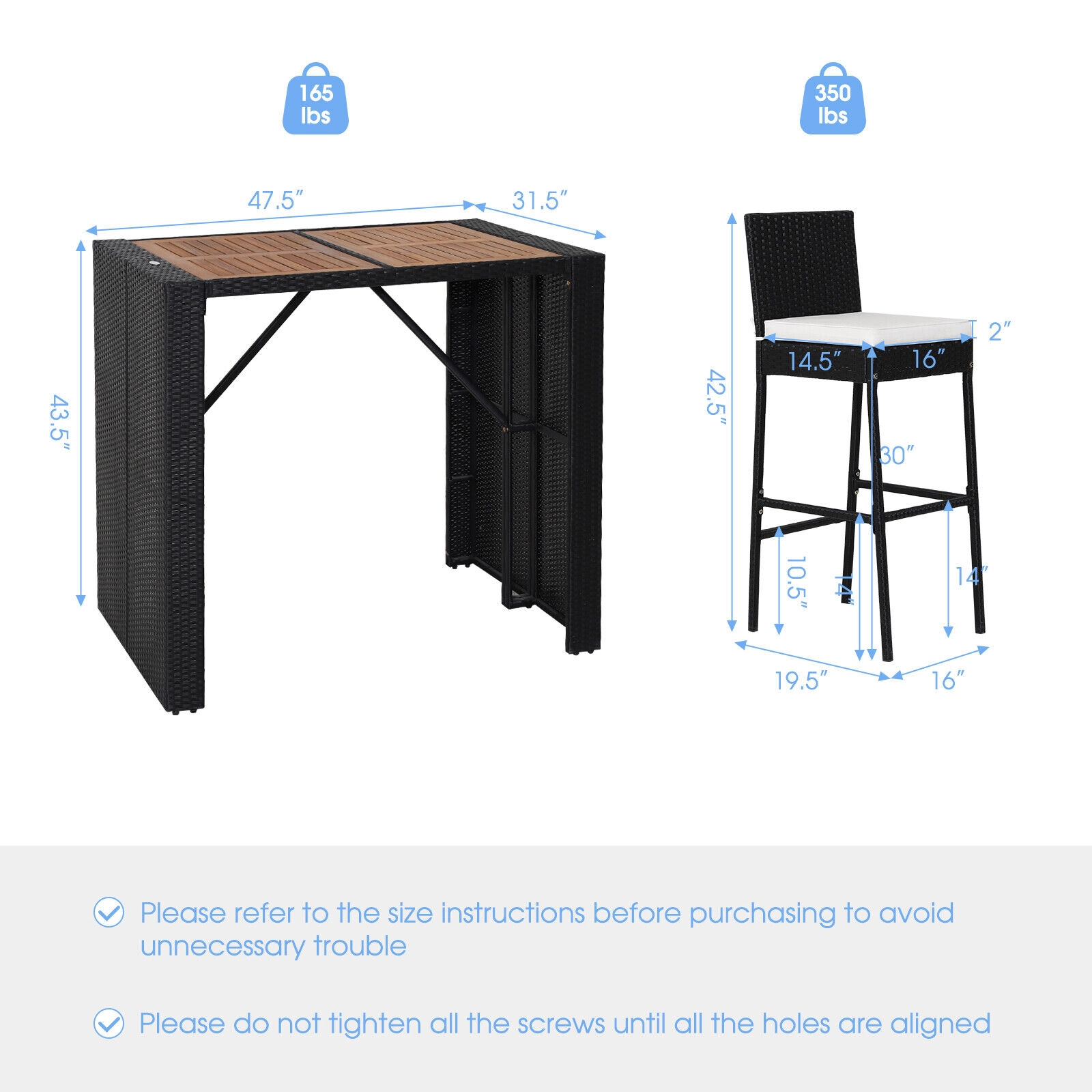SUGIFT 5-Piece Black Patio Bar Set with Acacia Table, 4 Wicker Stools and Cushions