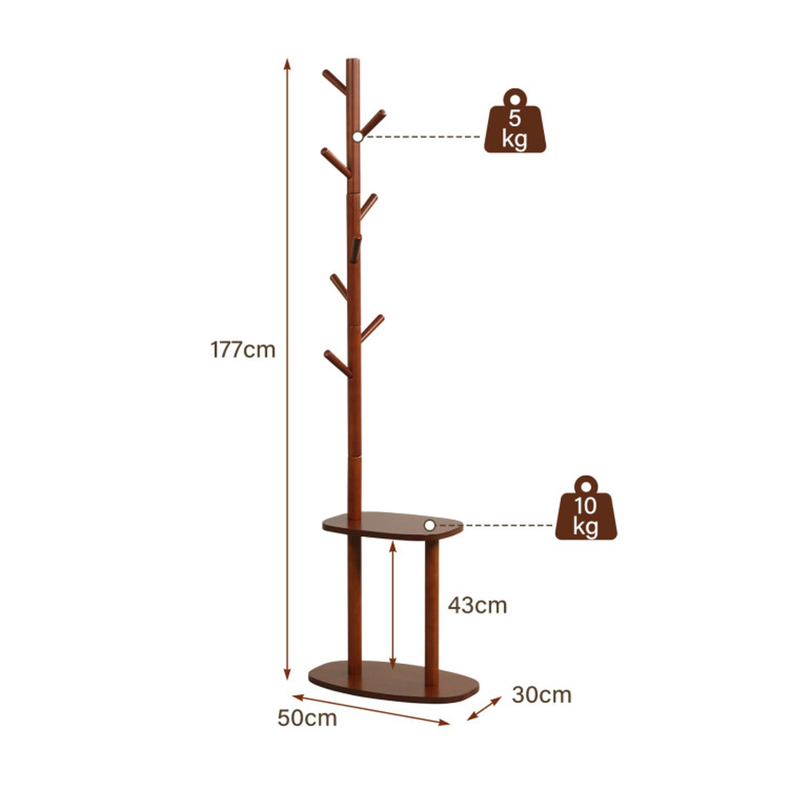 SUGIFT 8-Hook Rubber Wood Coat Rack with 2 Storage Shelves 11-lb Hook and 22-lb Shelf Capacity 70-in Tall Walnut