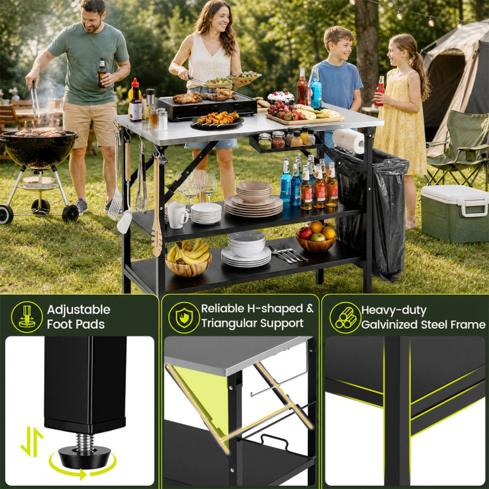 SUGIFT Foldable Outdoor Cook Station Table with Stainless Steel Top 150-lb Tabletop Capacity 2 Removable Shelves Black