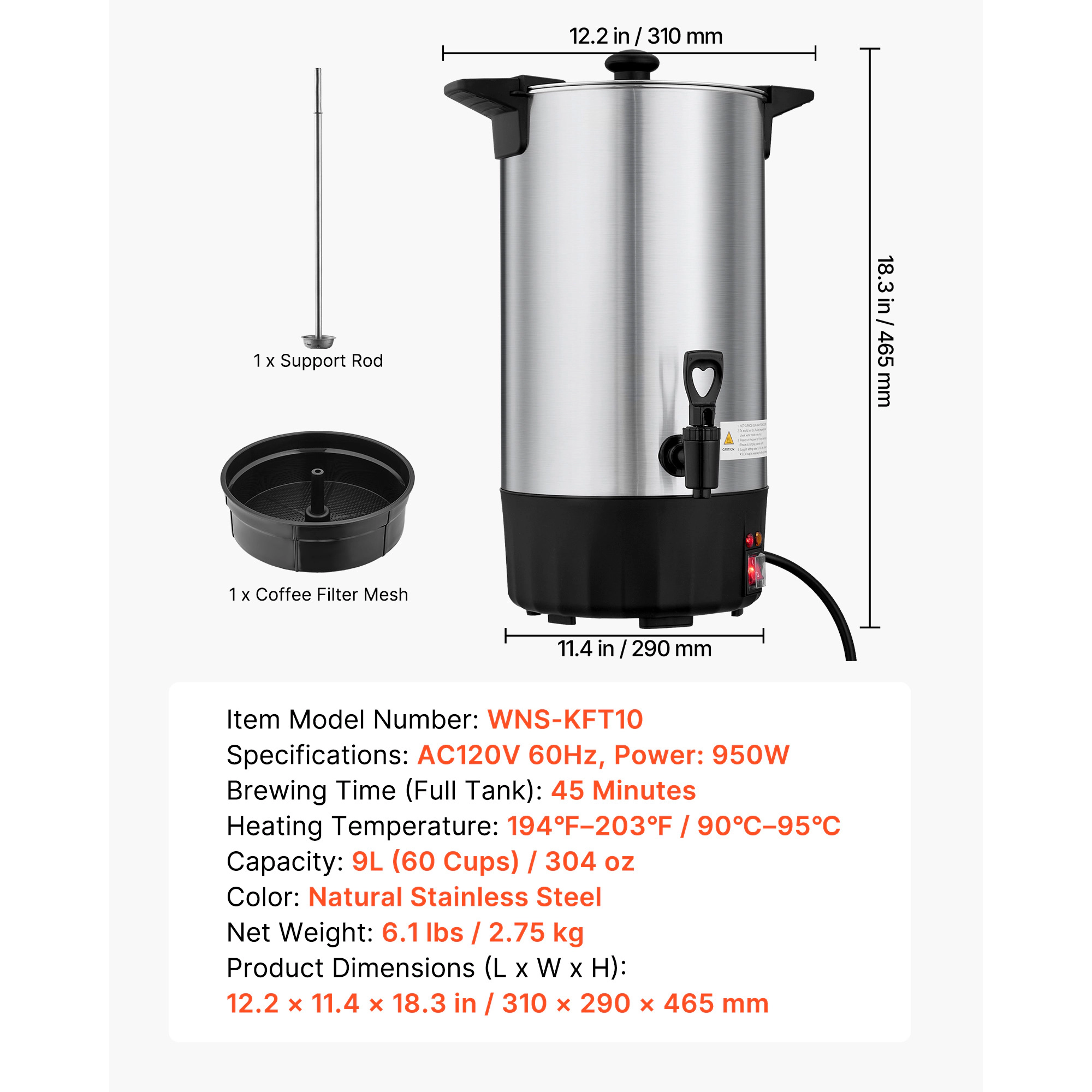 HONGGE Commercial Coffee Urn Hot Beverage Dispenser with Dripless Faucet Quick-Brewing Stainless Steel Large Commercial