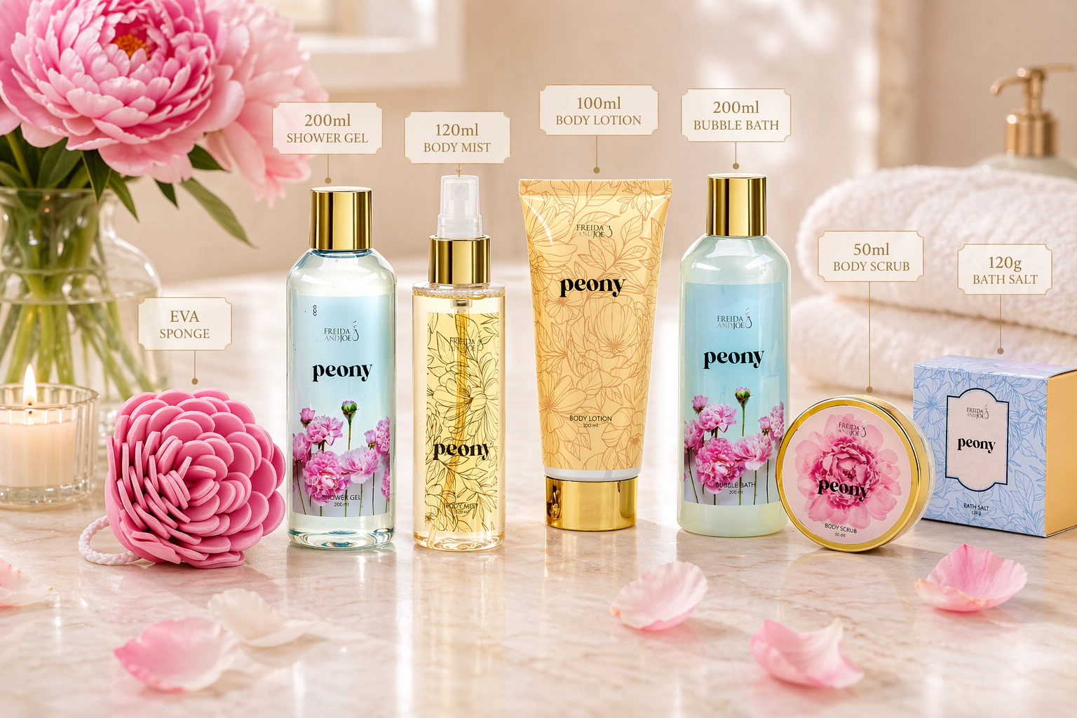 Freida & Joe Peony Bath & Body Spa Gift Set in Yellow Basket