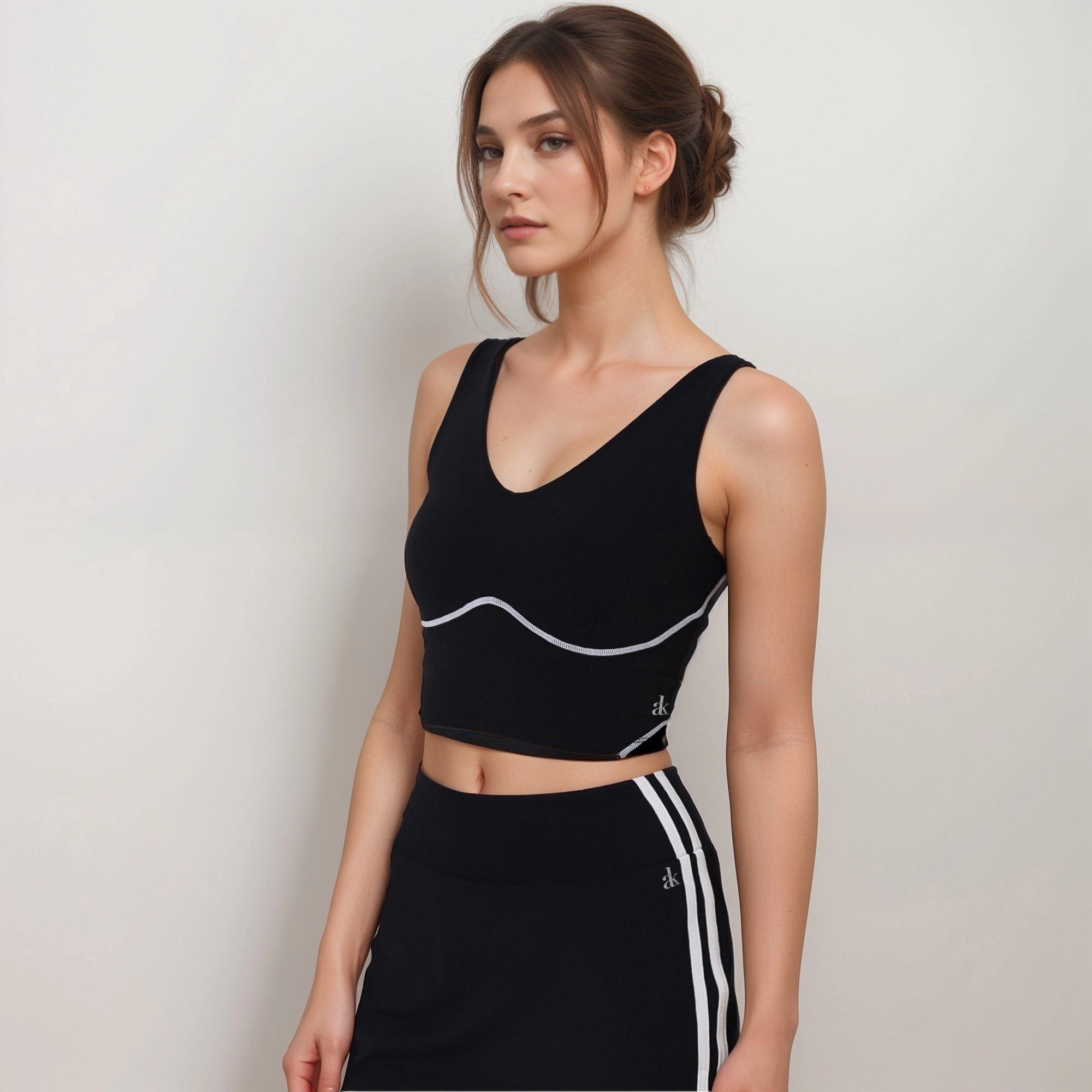 Anna-Kaci Women's Seamless V-Neck Crop Top with Contour Stitching and Contrast Piping Detail