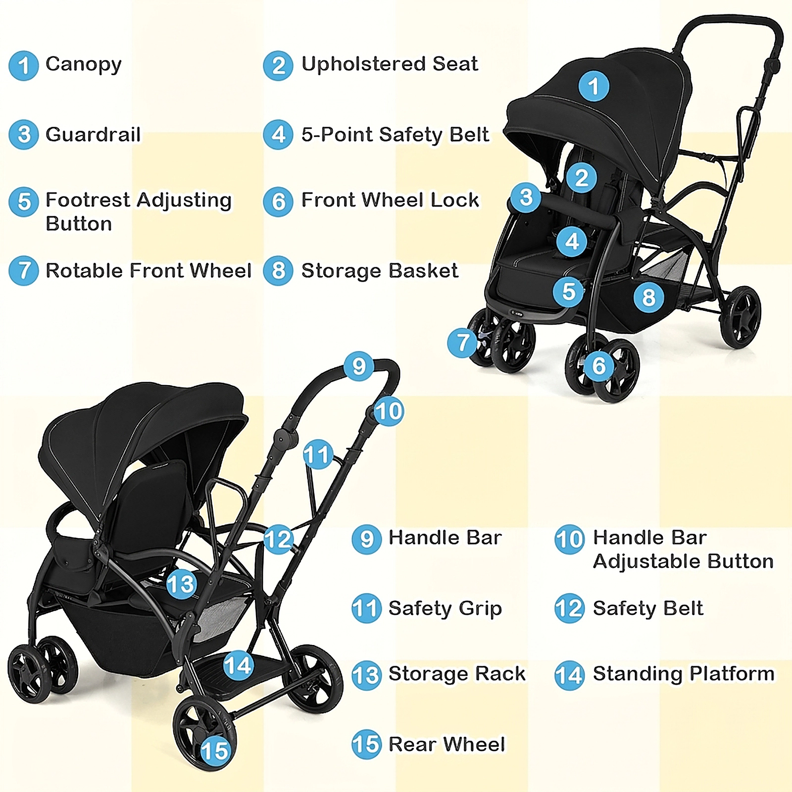 SUGIFT Black 33-lb Seat and 50-lb Platform Foldable Sit and Stand Twin Tandem Double Baby Stroller